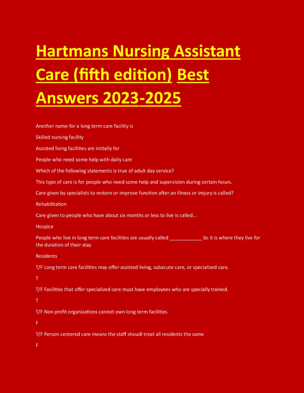 Hartmans Nursing Assistant Care (fifth edition) Answers 2023 | Exams ...