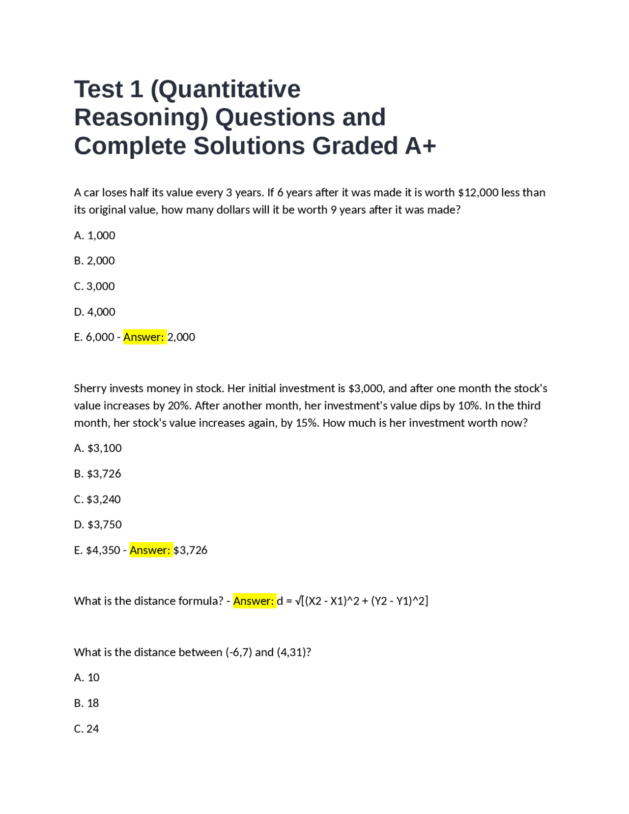 Quantitative Reasoning Example Problems Test 1 (Quantitative Reasoning) Questions and Complete Solutions Graded ...