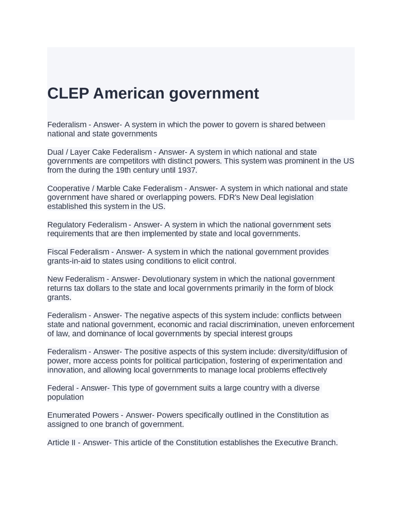 CLEP American government Exam Questions with 100% correct Answers ...