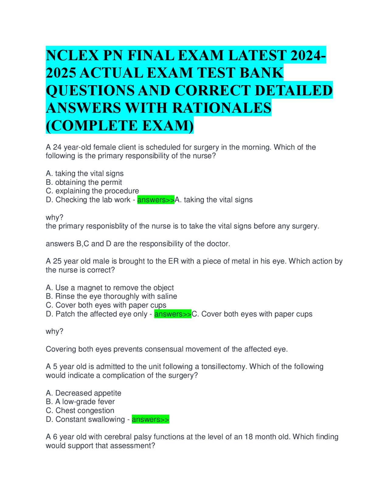 NCLEX PN FINAL EXAM LATEST 2024 2025 ACTUAL EXAM TEST BANK QUESTIONS ...
