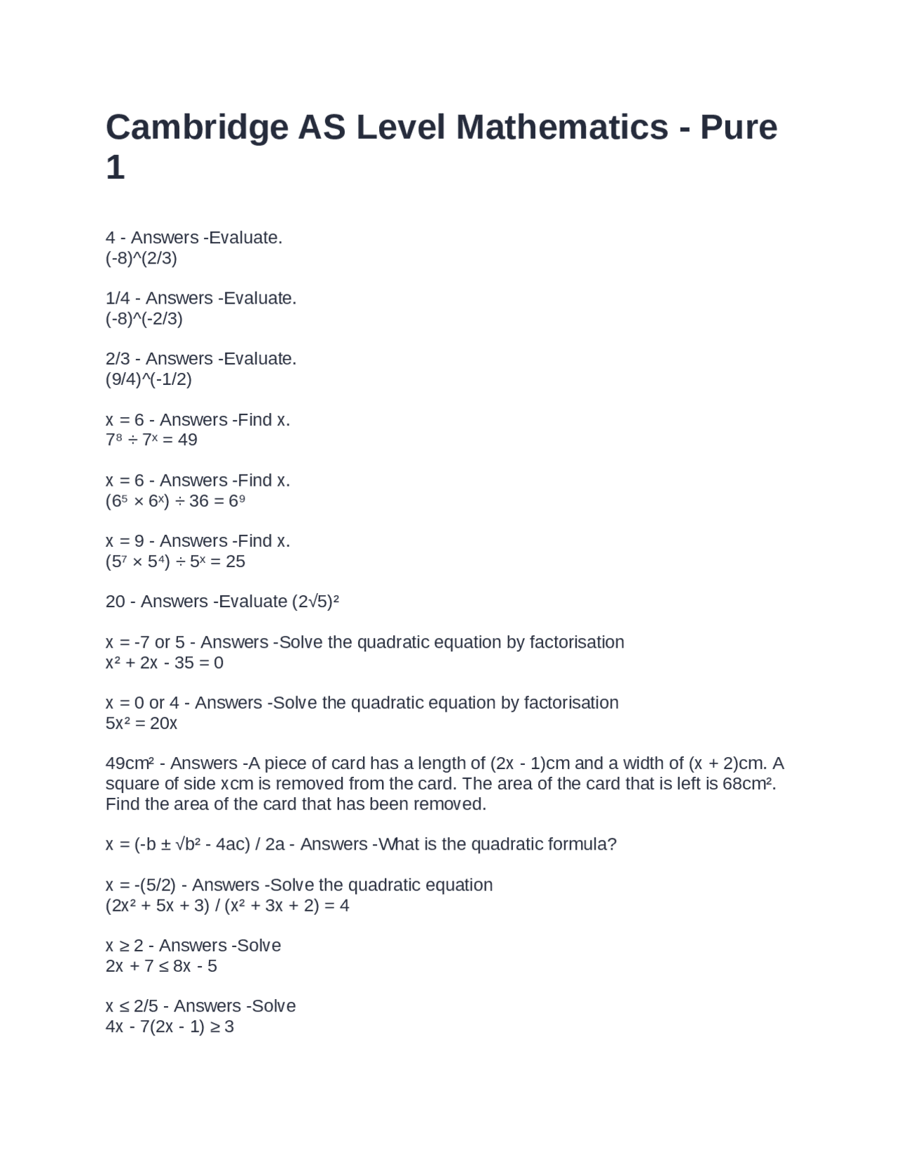 Cambridge AS Level Mathematics Exercises: Equations, Inequalities ...