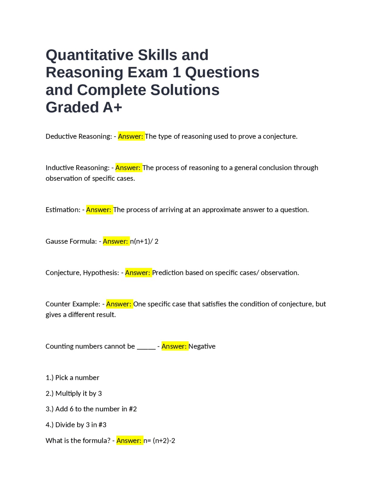 Quantitative Skills and Reasoning Exam 1 Questions and Complete ...