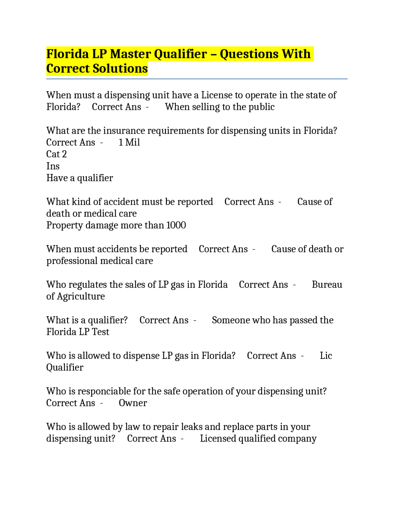 Florida LP Master Qualifier – Questions With Correct Solutions | Exams ...