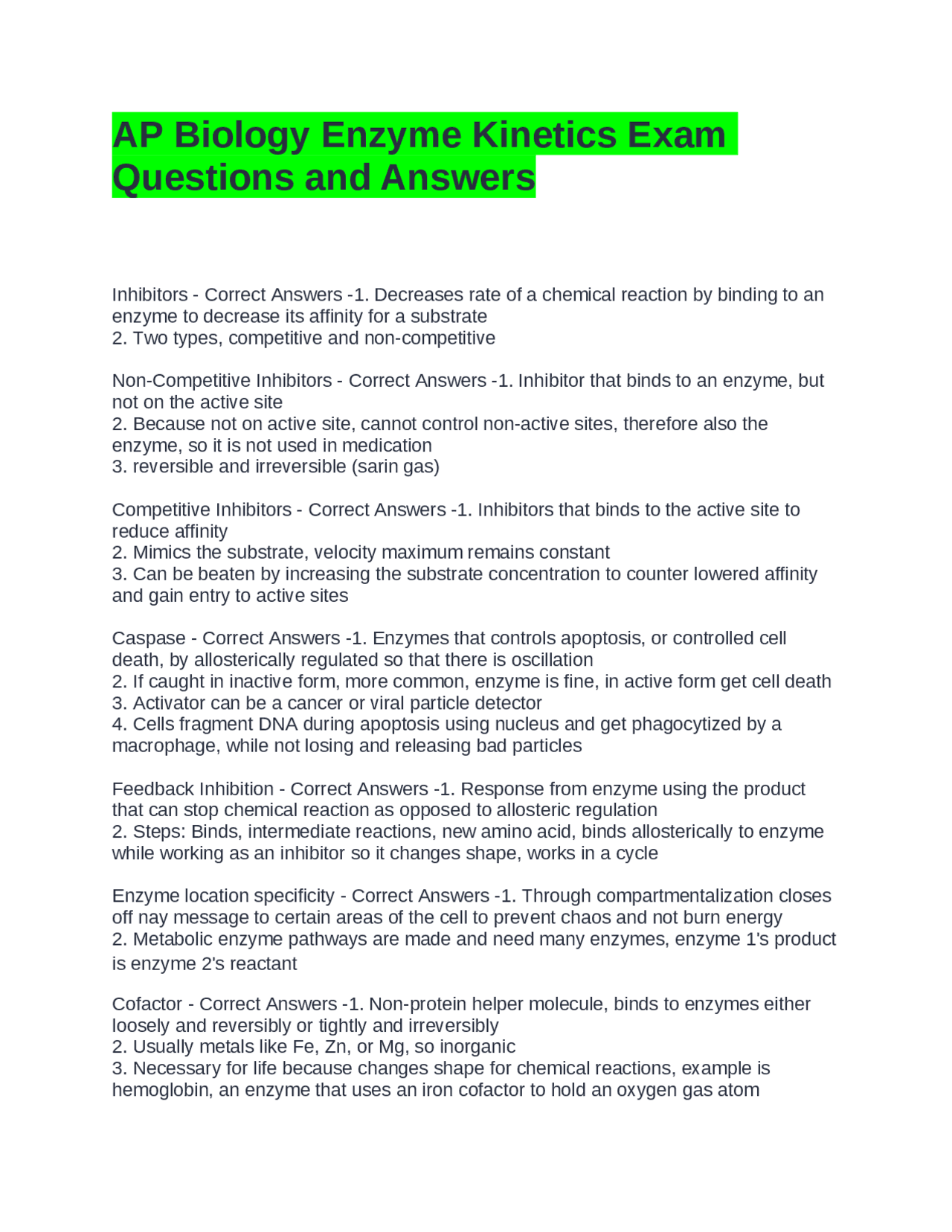 AP Biology Enzyme Kinetics Exam Questions and Answers with Accurate ...