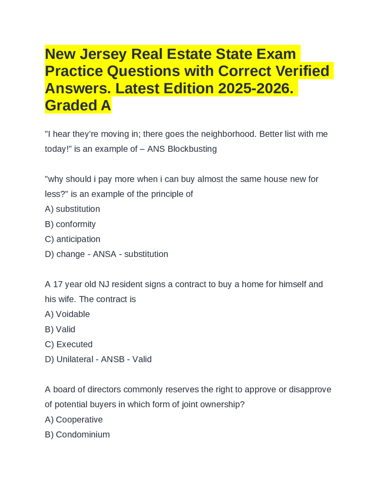 New Jersey Real Estate State Exam Practice Questions & Correct