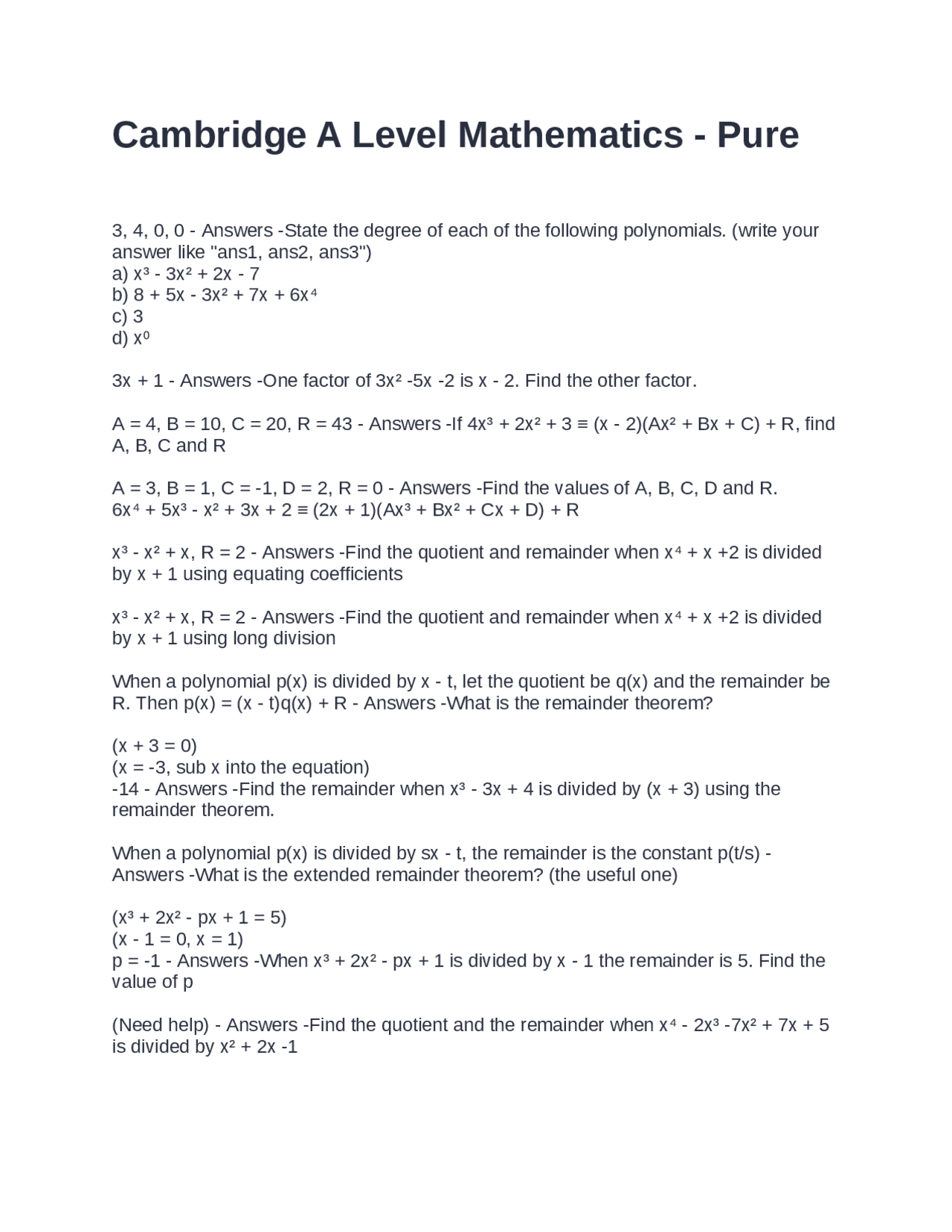 Cambridge A Level Mathematics Exam With Questions and A+ Correct ...