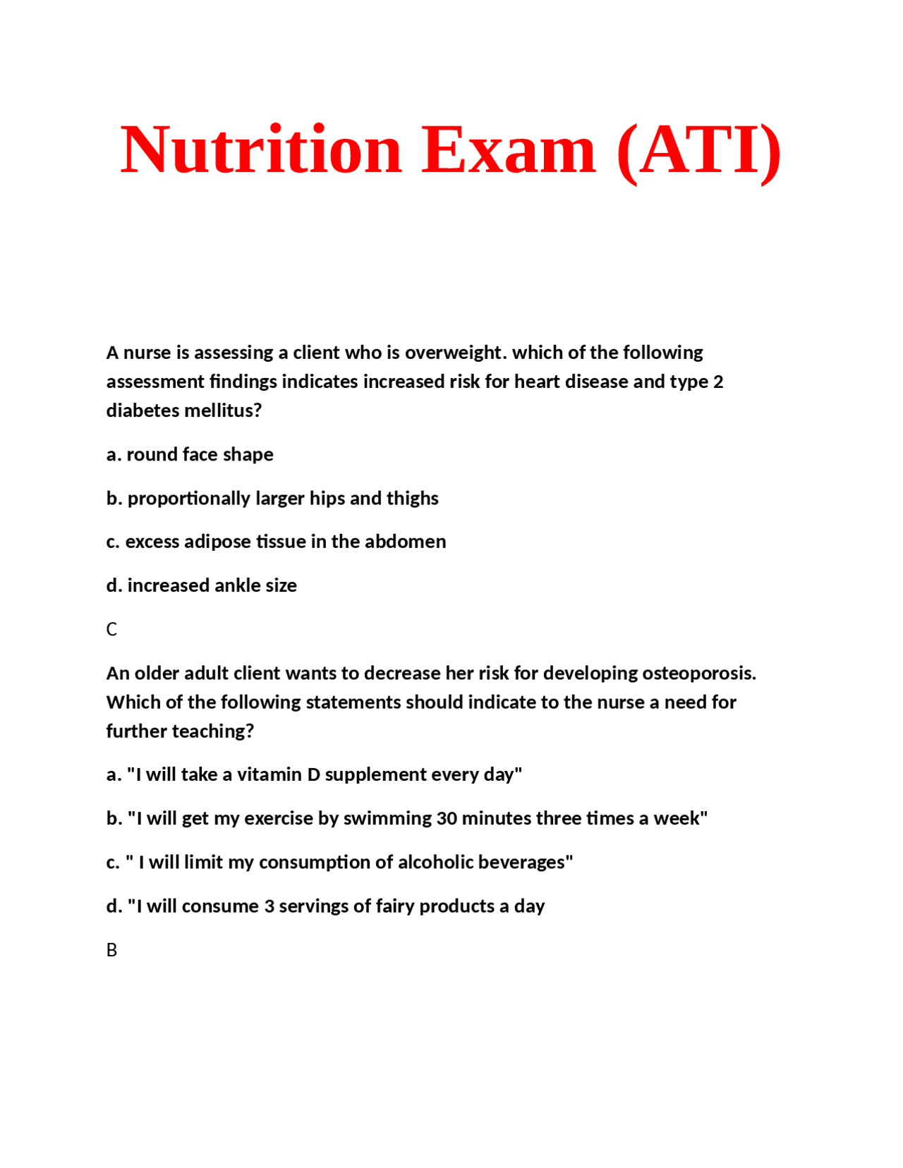 Nutrition Exam Questions and Answers for Nursing Students | Exams ...