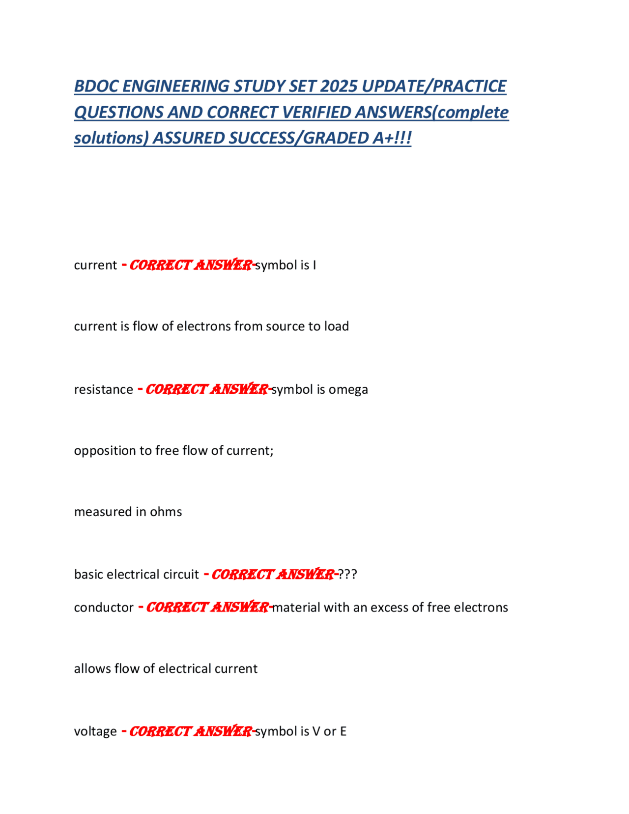 BDOC Engineering Study Set 2025: Practice Questions and Answers | Exams ...