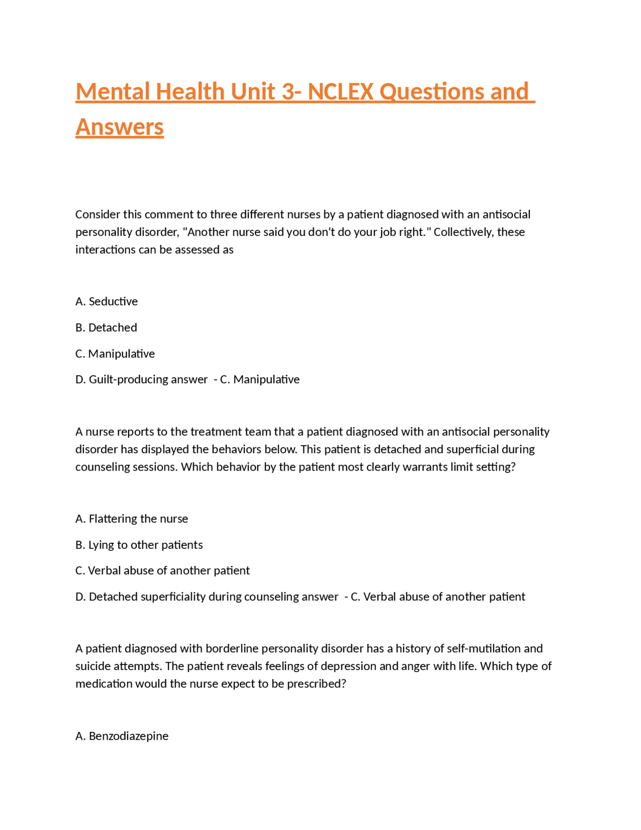 Mental Health Unit 3- NCLEX Questions and Answers | Exams Nursing | Docsity
