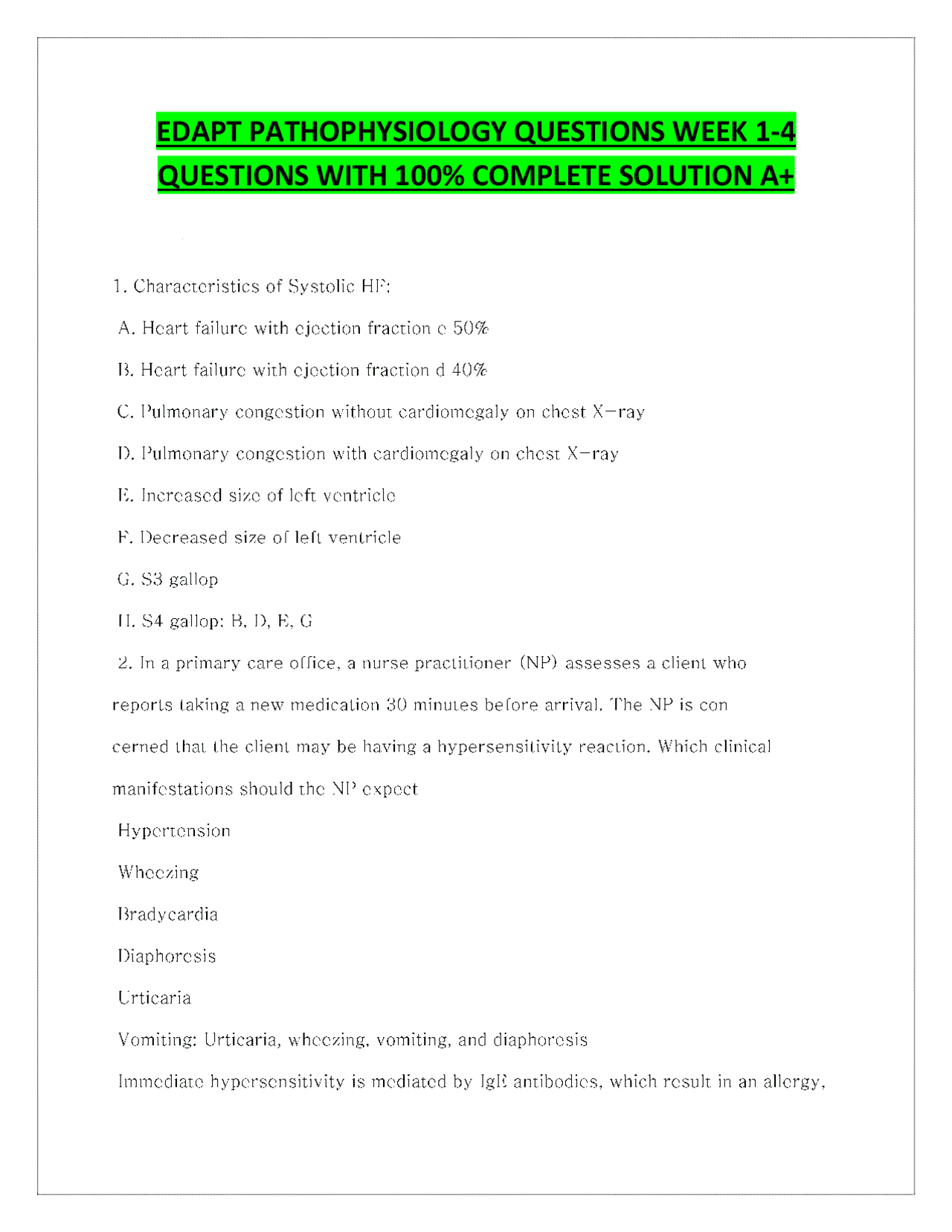 EDAPT PATHOPHYSIOLOGY QUESTIONS WEEK 1-4 QUESTIONS WITH 100% COMPLETE ...
