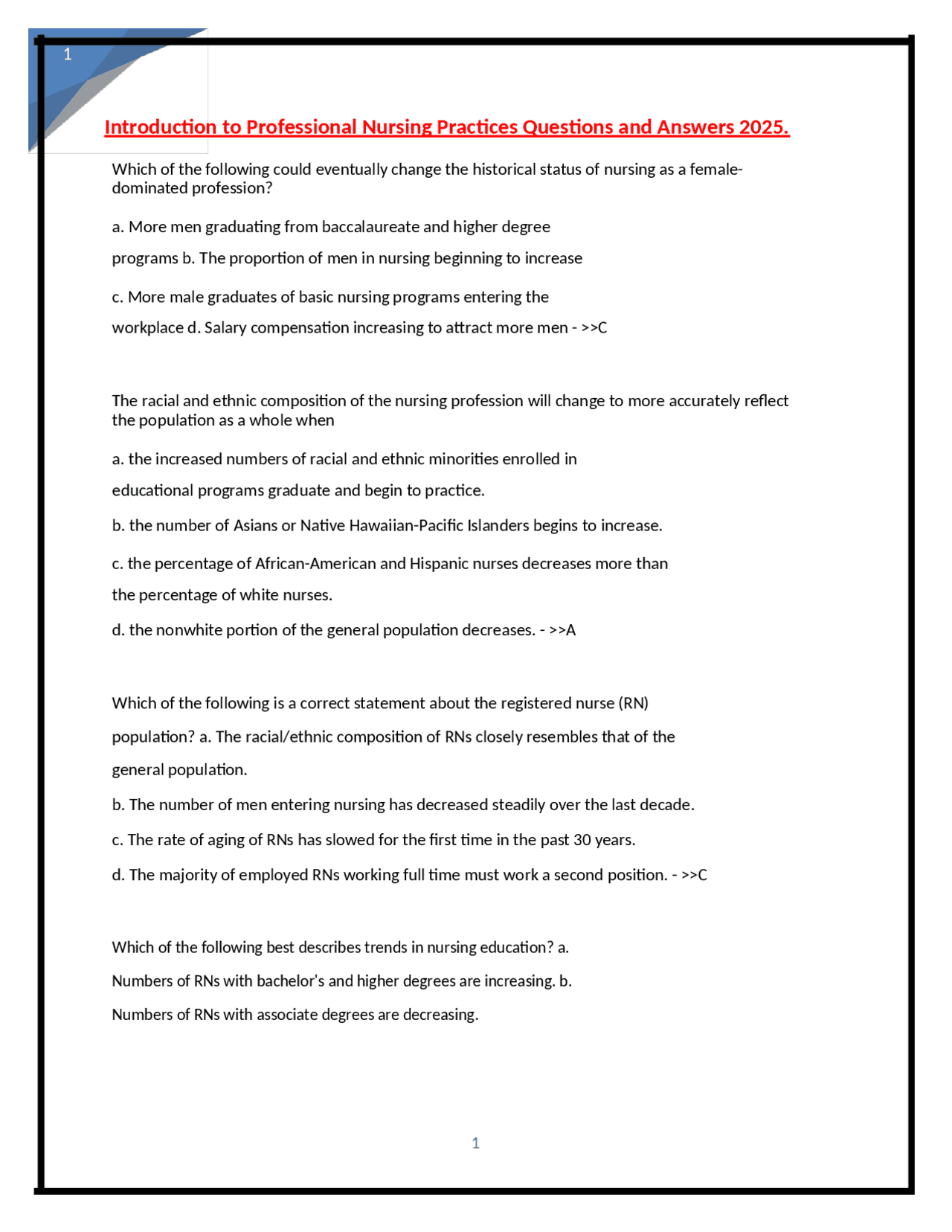 Introduction to Professional Nursing Practices: Multiple Choice ...