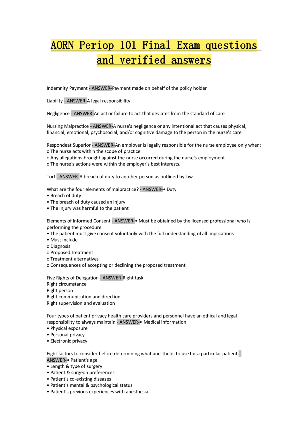 AORN Periop 101 Final Exam questions and verified answers | Exams ...