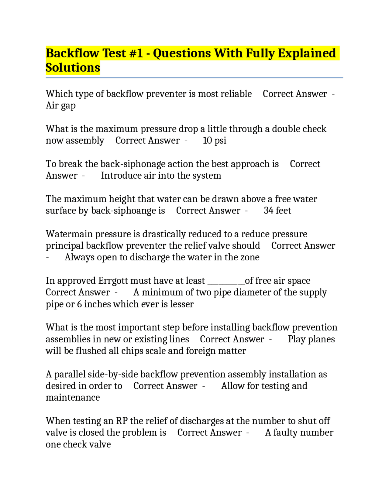 Backflow Test #1 - Questions With Fully Explained Solutions | Exams ...