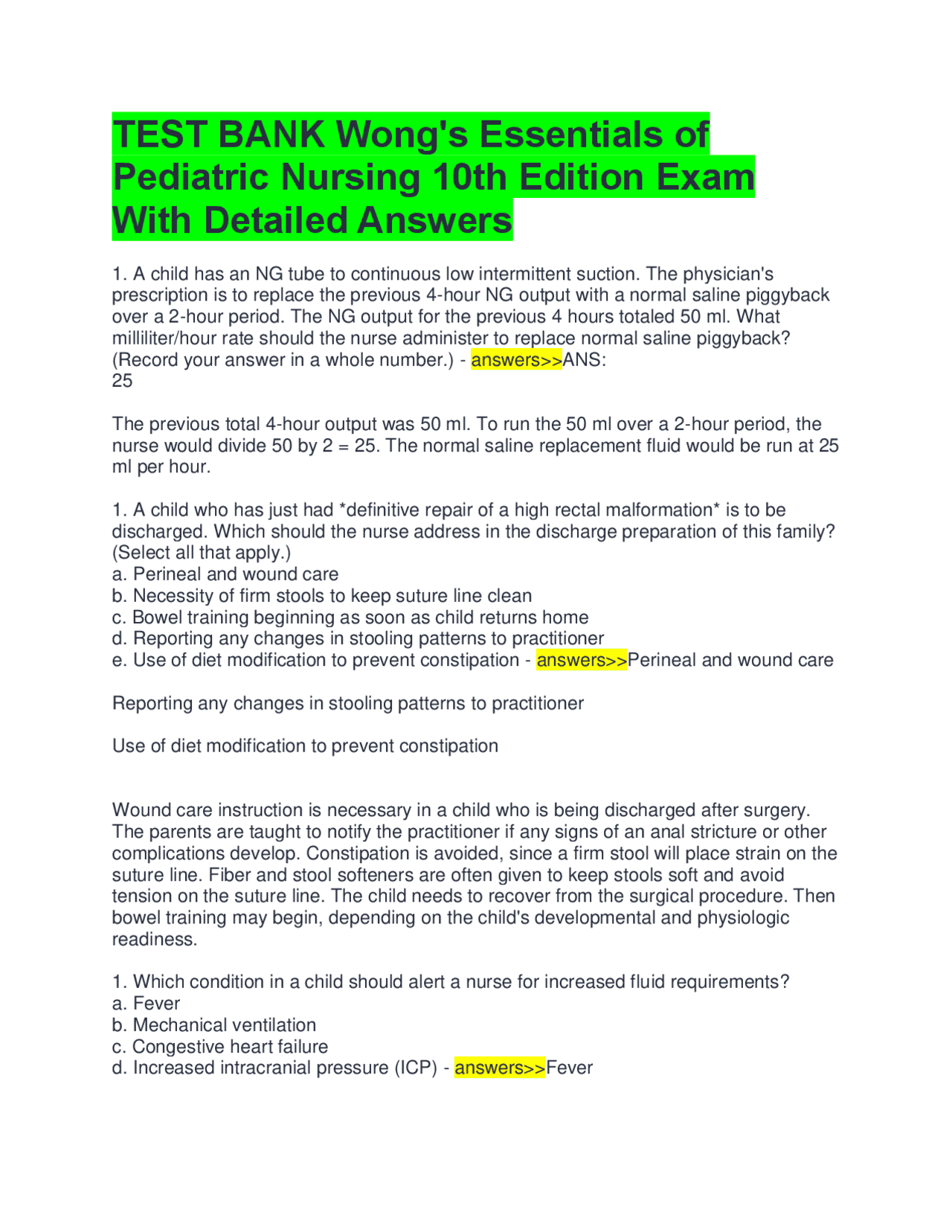 TEST BANK Wong's Essentials of Pediatric Nursing 10th Edition Exam With ...