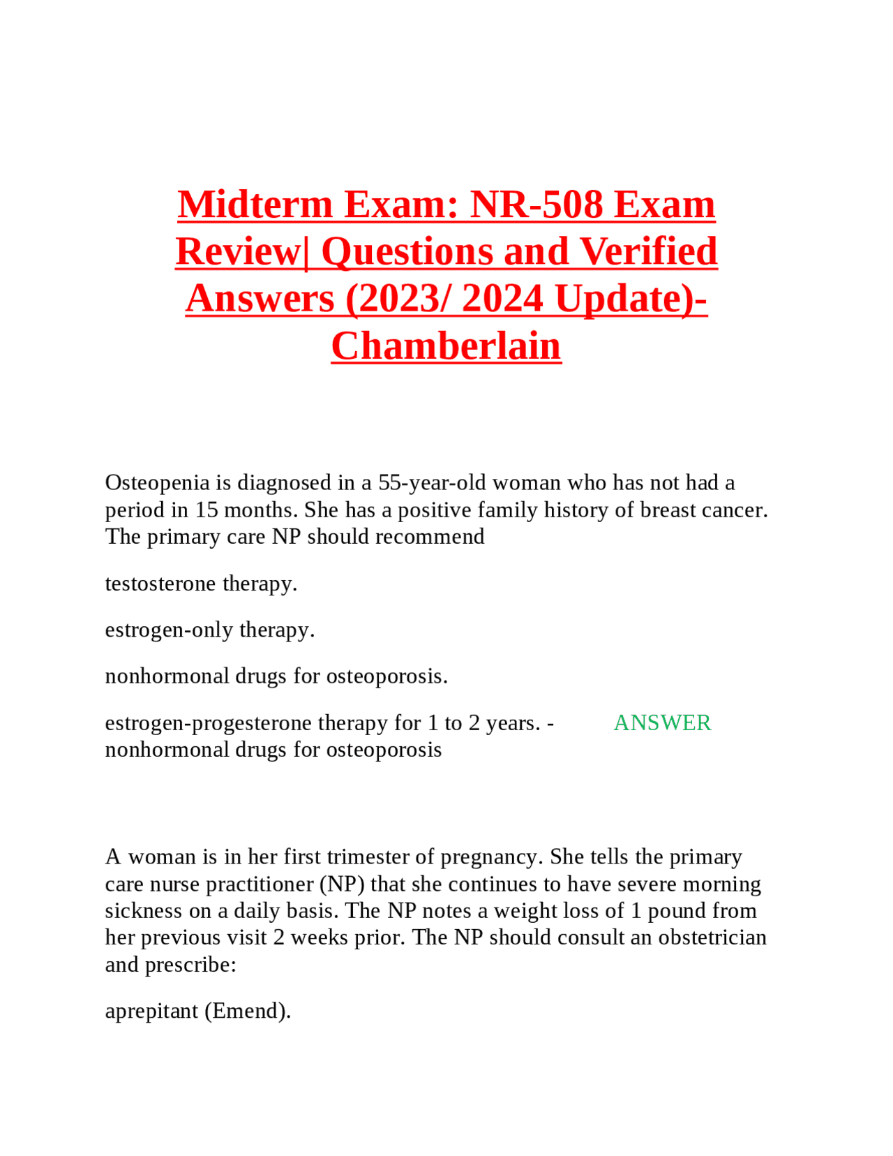 NR-508 Midterm Exam Review: Questions and Answers (Chamberlain) | Exams ...