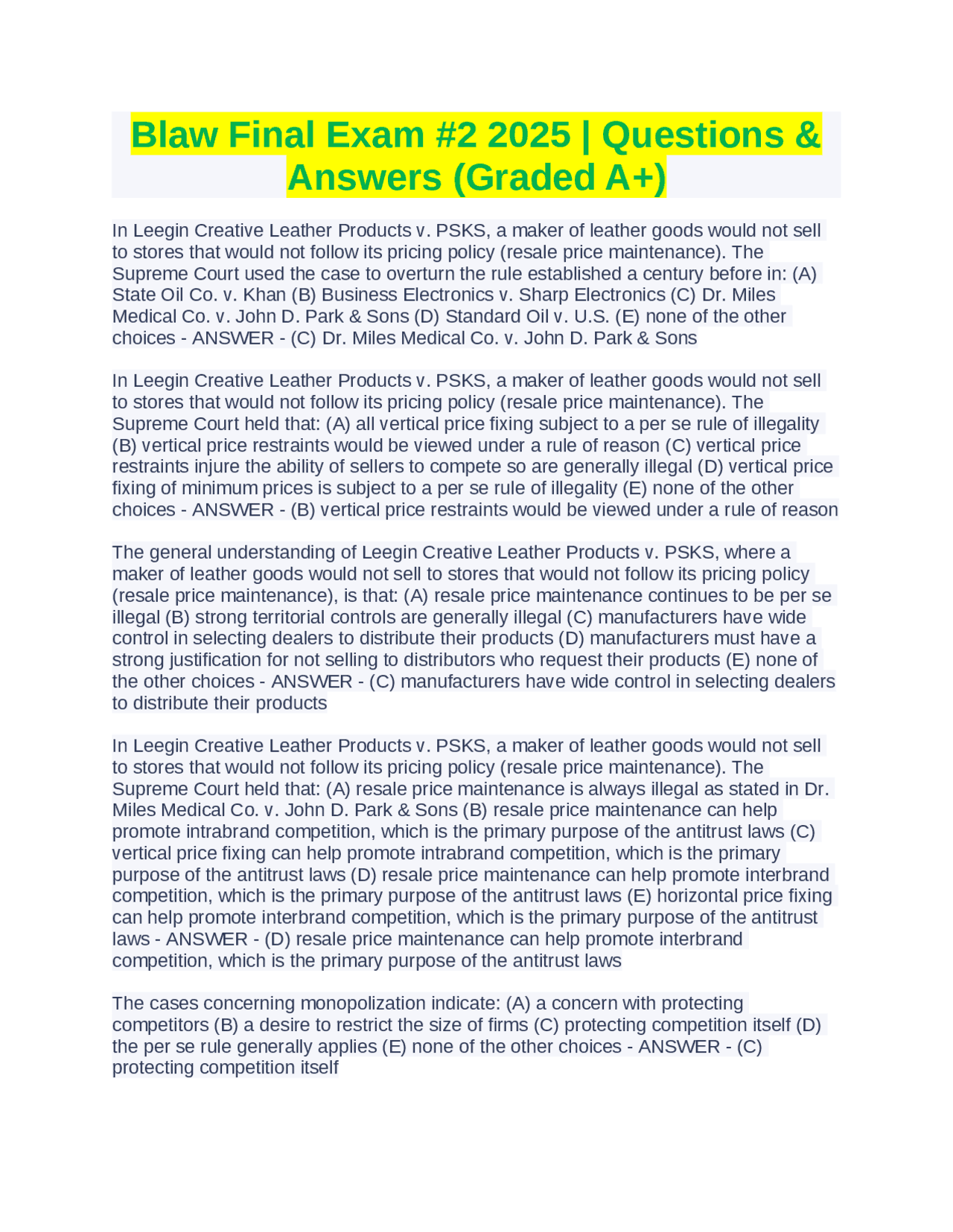 Blaw Final Exam #2 2025 | Questions & Answers (Graded A+) | Exams ...