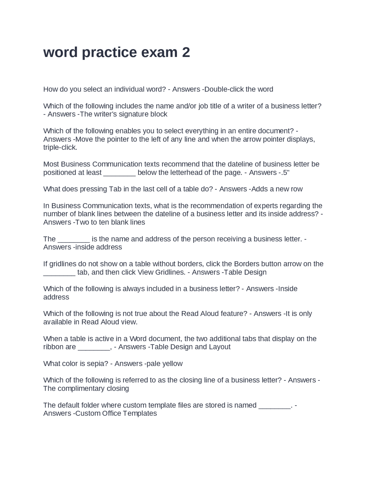Practice Test Example Word Word Practice Exam 2 Of Questions and 100% Correct Answers | Exams ...