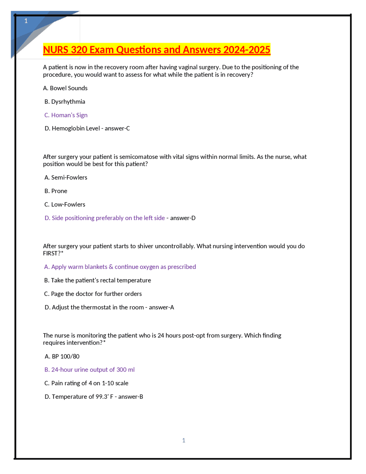 NURS 320 Exam Questions and Answers: Postoperative Nursing Care | Exams ...