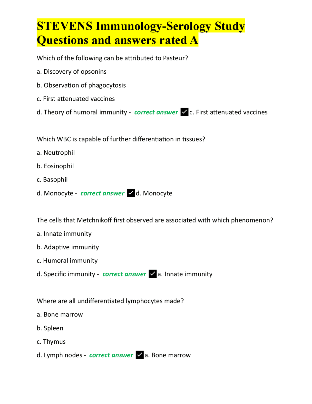 STEVENS Immunology-Serology Study Questions and answers rated A | Exams ...