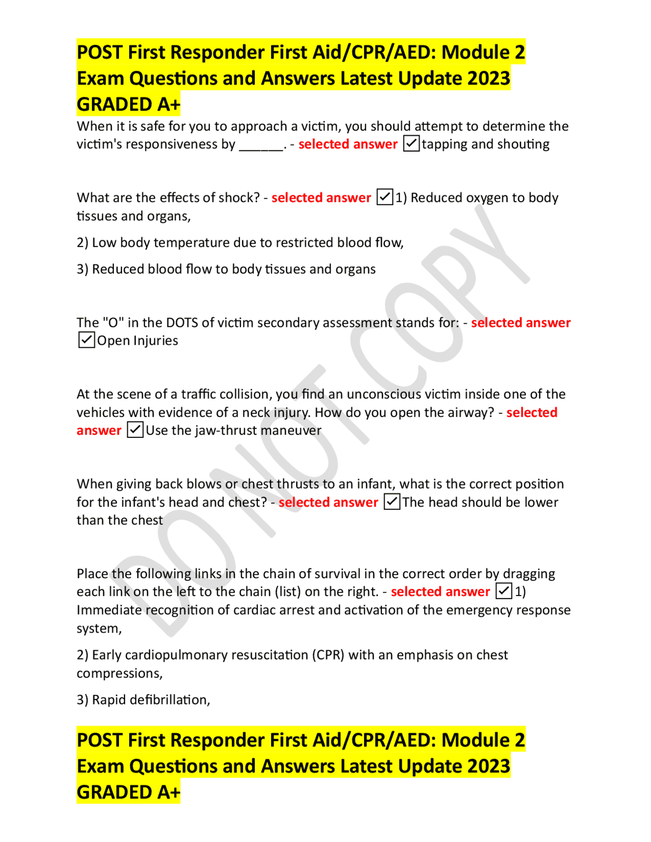 POST First Responder First Aid Module 2 Exam Questions and Answers ...