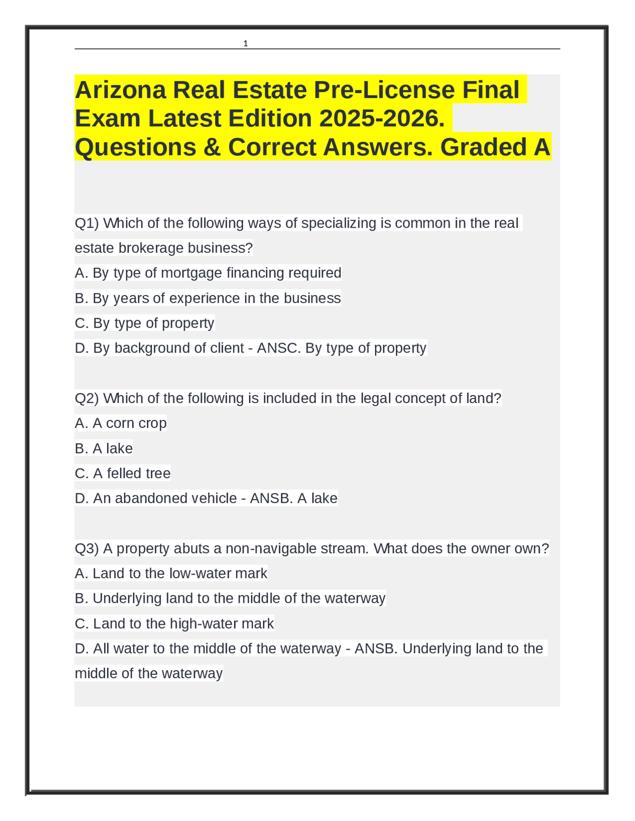 Arizona Real Estate Pre-License Exam: Questions and Answers | Exams ...
