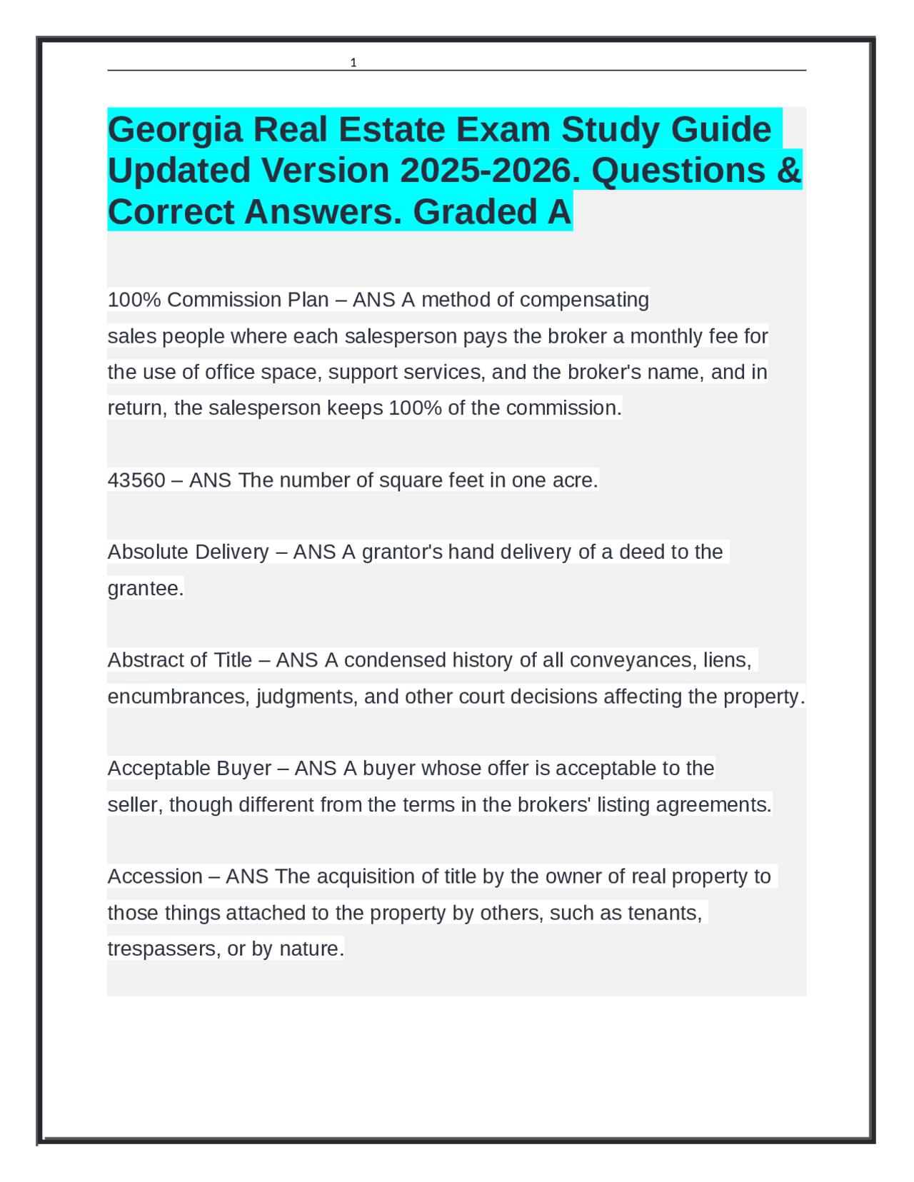 Georgia Real Estate Exam Study Guide Updated Version 2025-2026 ...