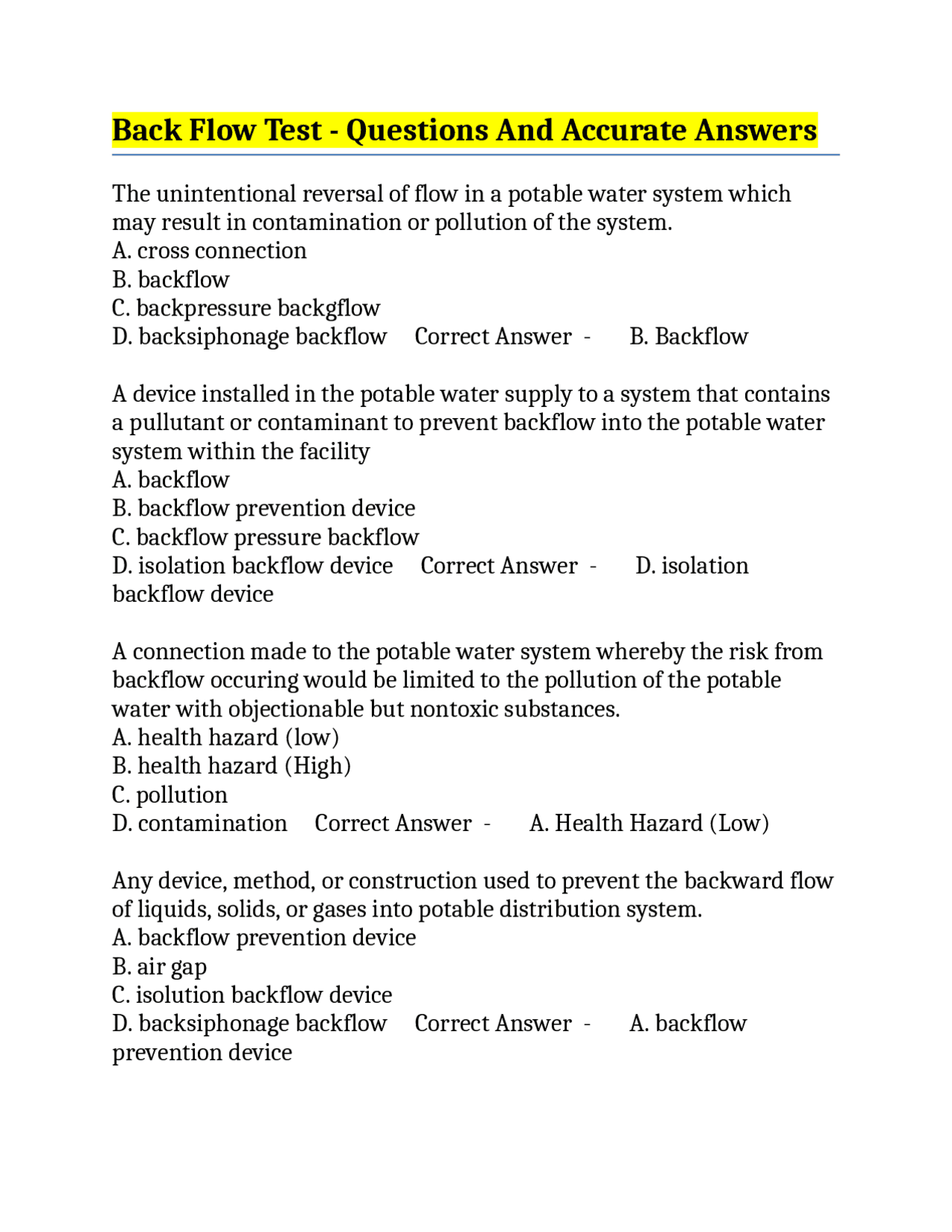 Backflow Testing Paper Back Flow Test - Questions And Accurate Answers | Exams Nursing | Docsity