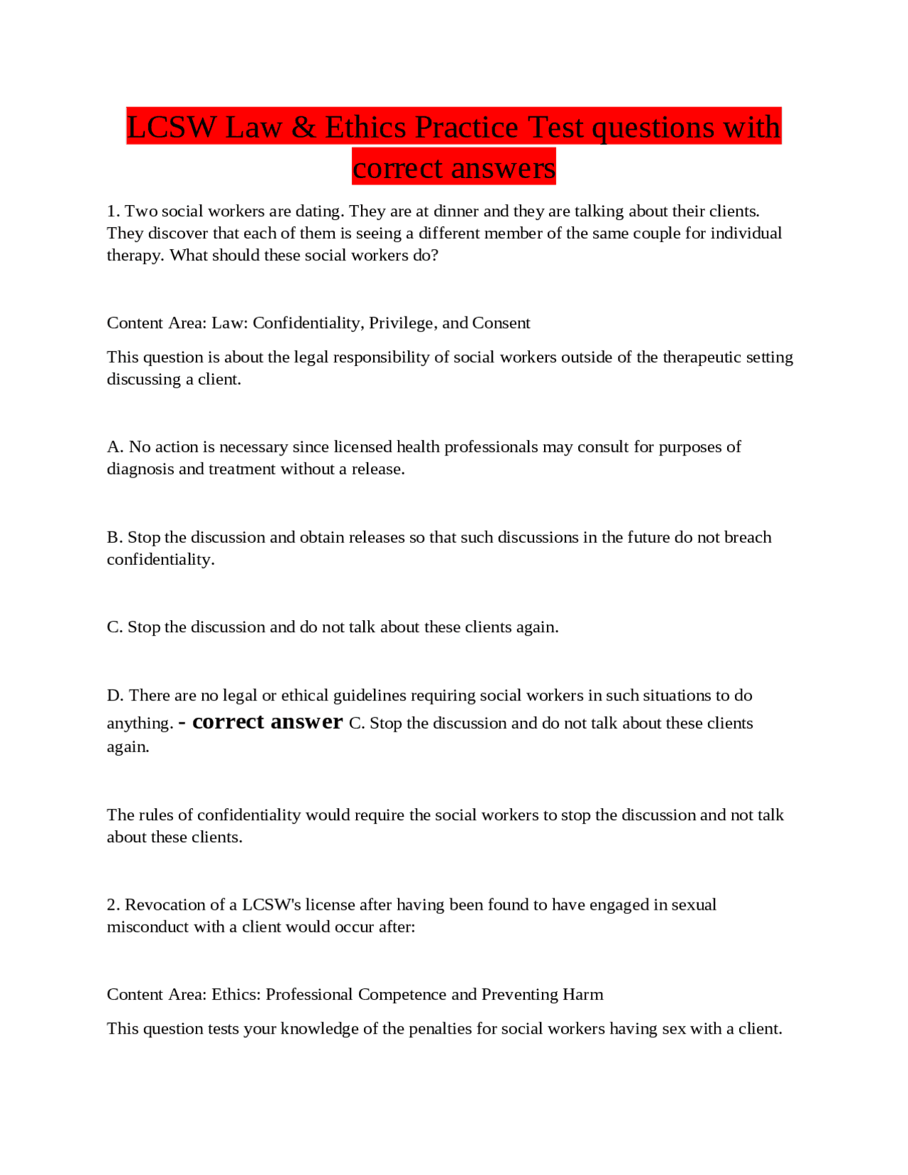Example Lcsw Questions LCSW Law & Ethics Practice Test questions with correct answers | Exams ...