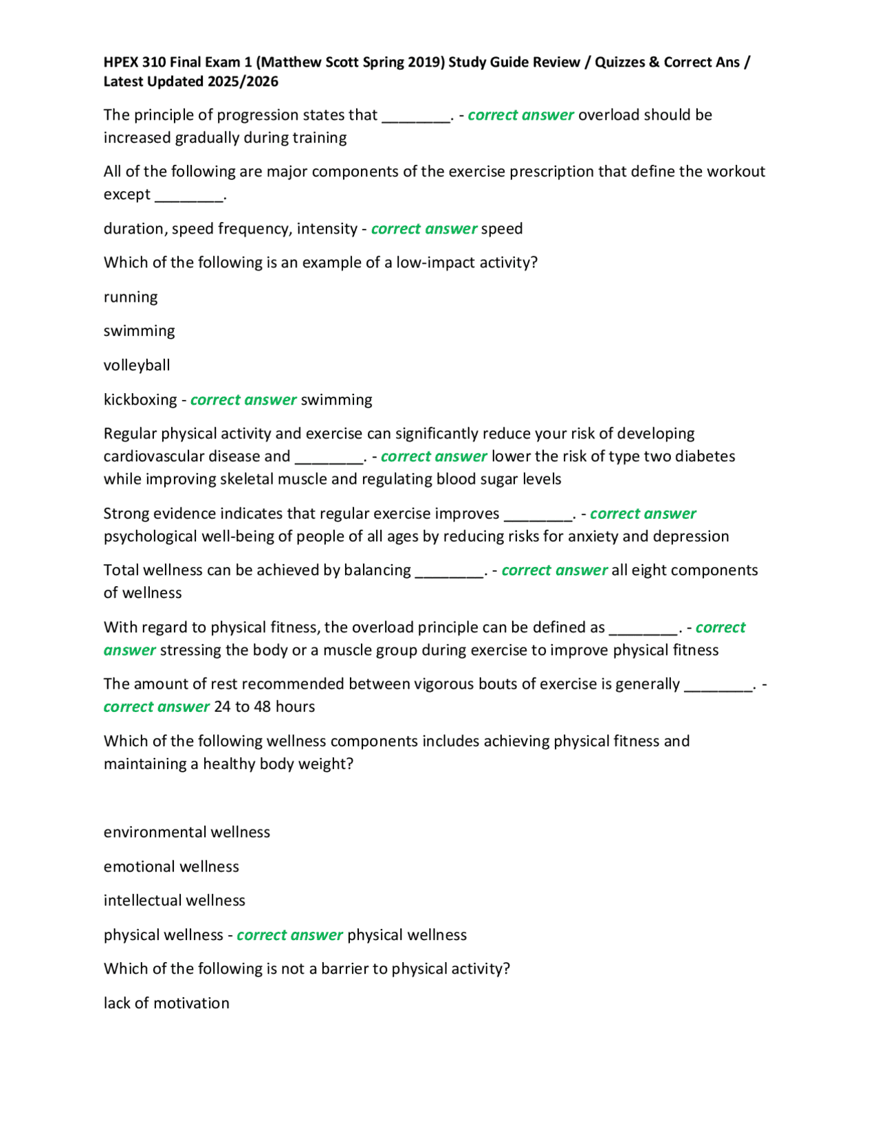 HPEX 310 Final Exam 1 (Matthew Scott Spring 2019) Study Guide Review ...