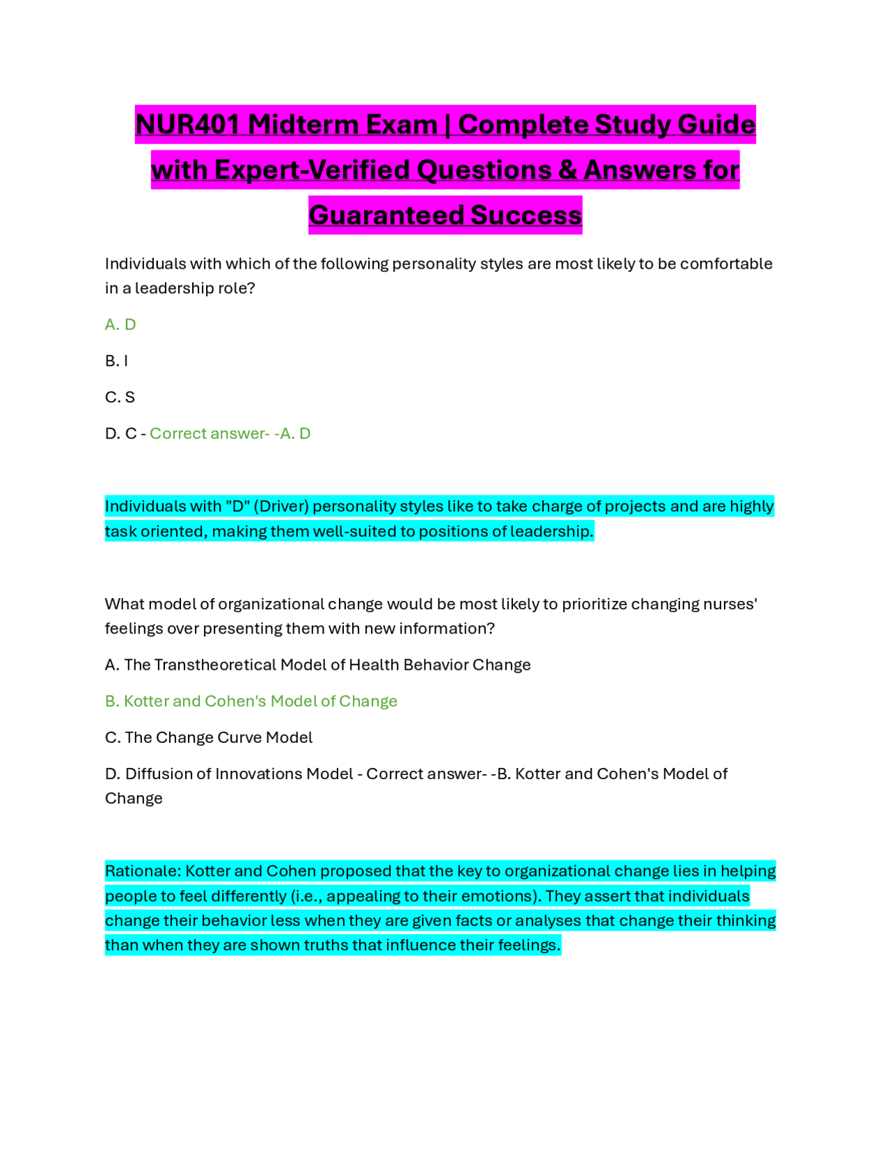 NUR 401 Midterm Exam | Complete Study Guide with Expert-Verified ...