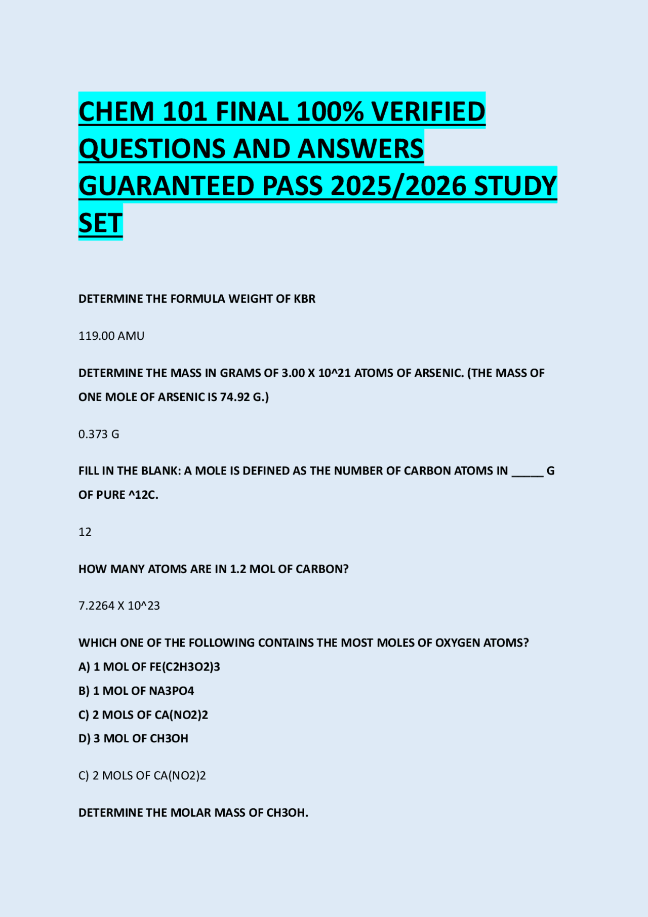 CHEM 101 FINAL 100% VERIFIED QUESTIONS AND ANSWERS GUARANTEED PASS 2025 ...