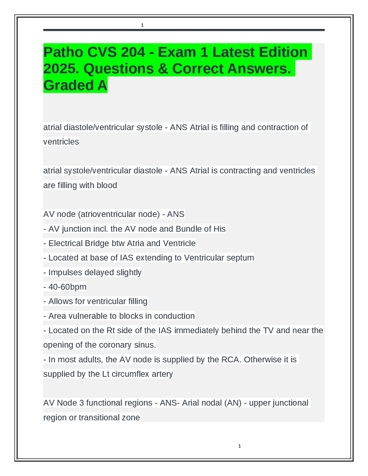 Patho CVS 204 - Exam 1 Latest Edition 2025. Questions & Correct Answers ...