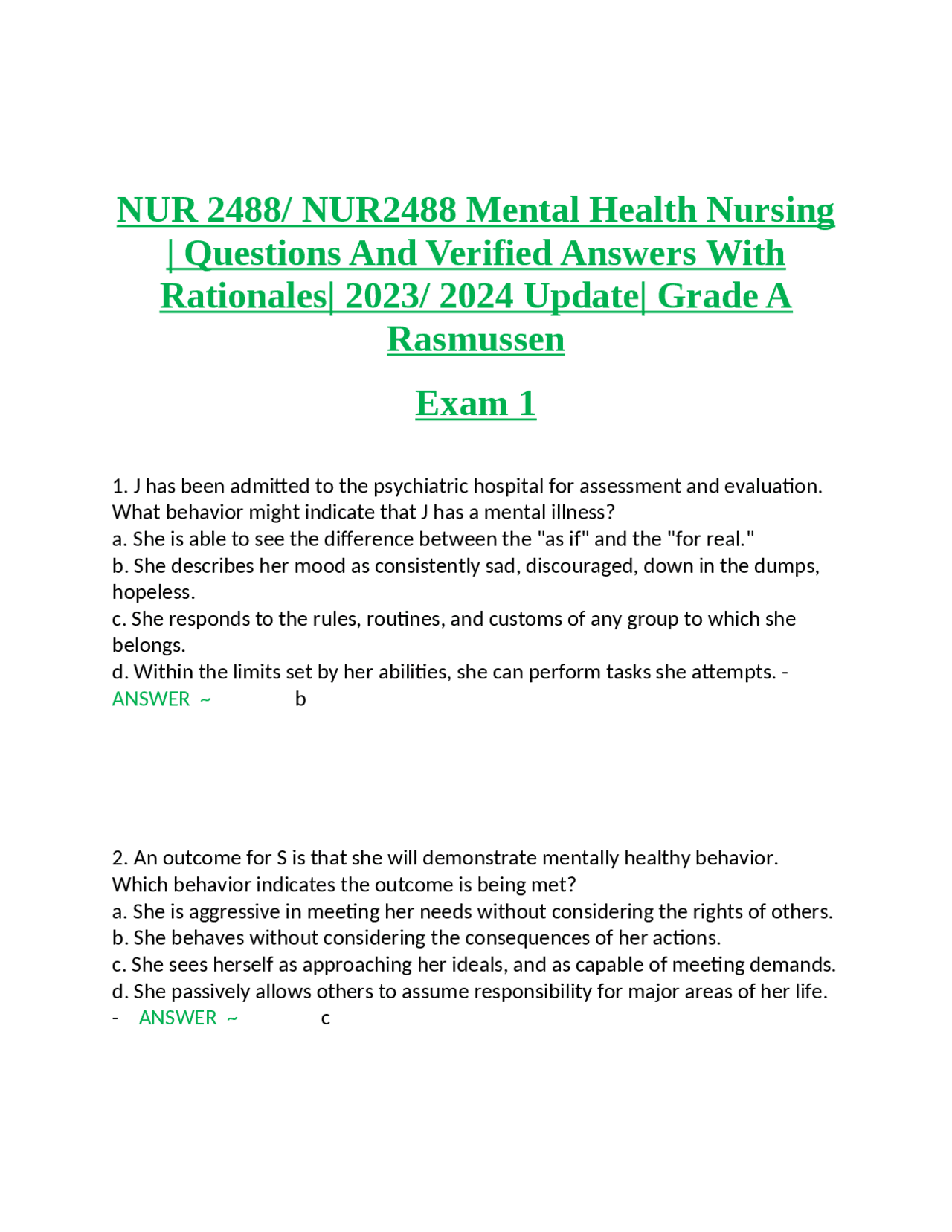 NUR 2488 Mental Health Nursing Exam Questions and Answers with ...