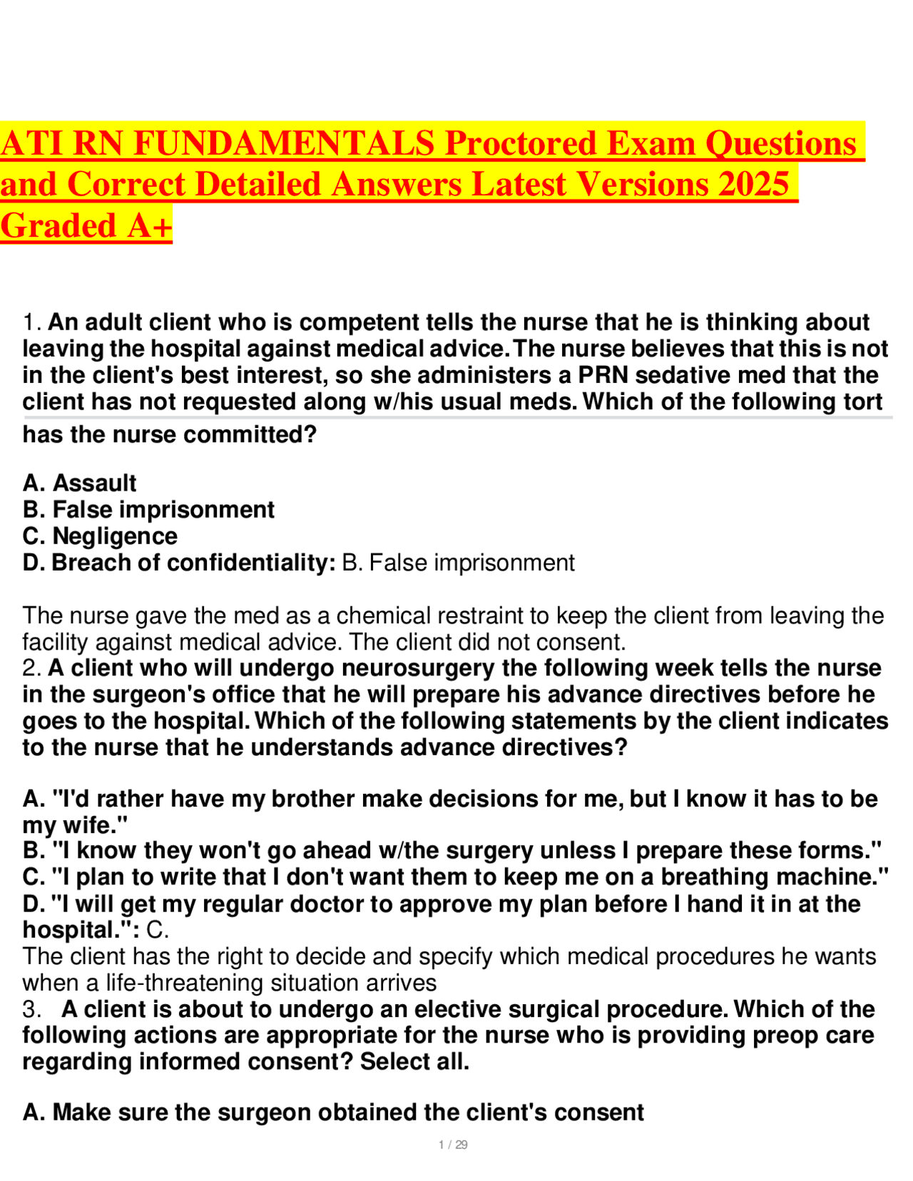 ATI RN FUNDAMENTALS Proctored Exam Questions and Correct Detailed ...