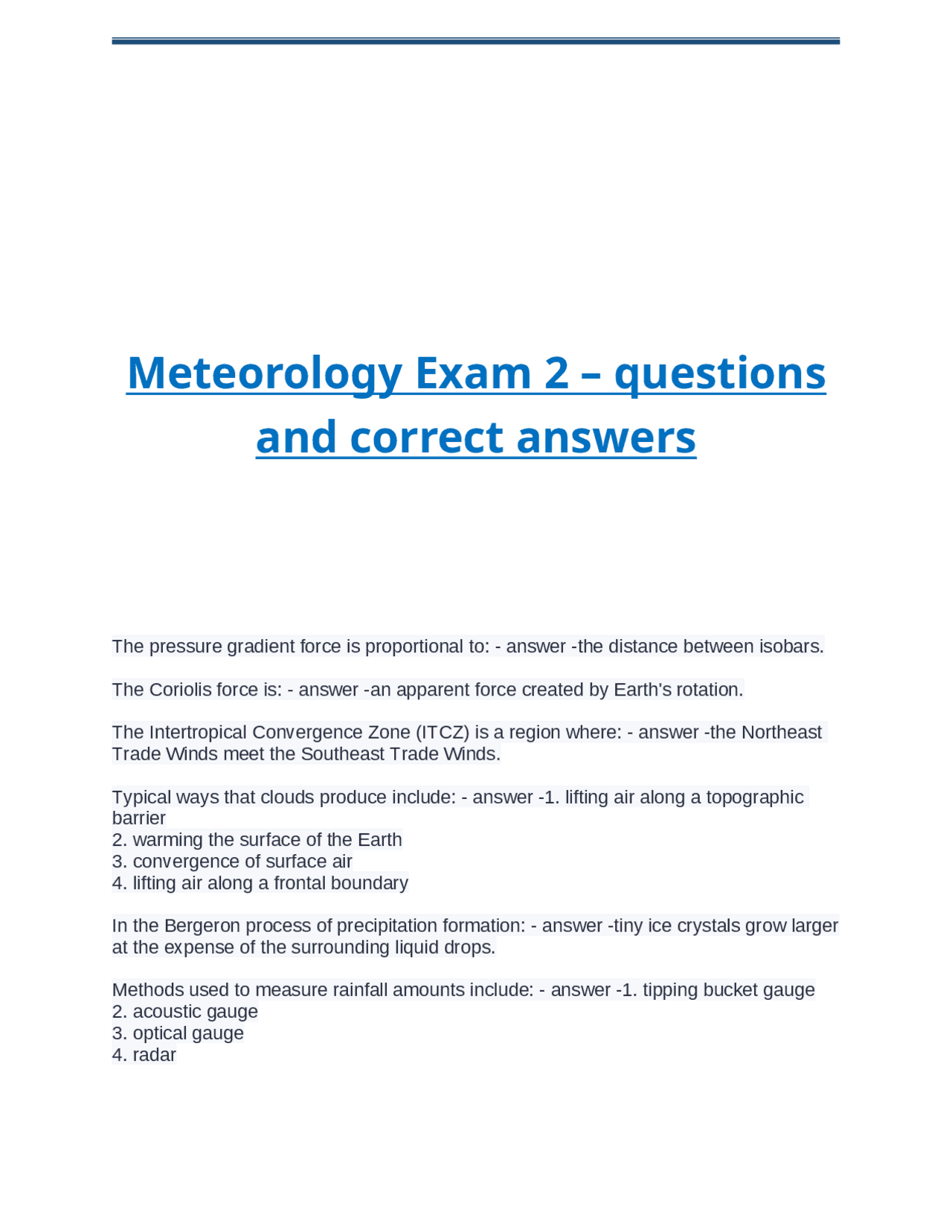 Meteorology Exam 2 – questions and correct answers.docx | Exams Nursing ...