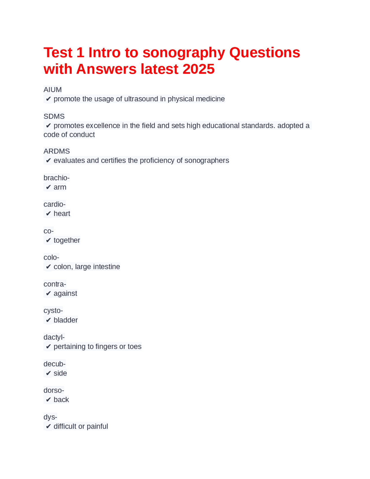 Test 1 Intro to sonography Questions with Answers latest 2025 | Exams ...