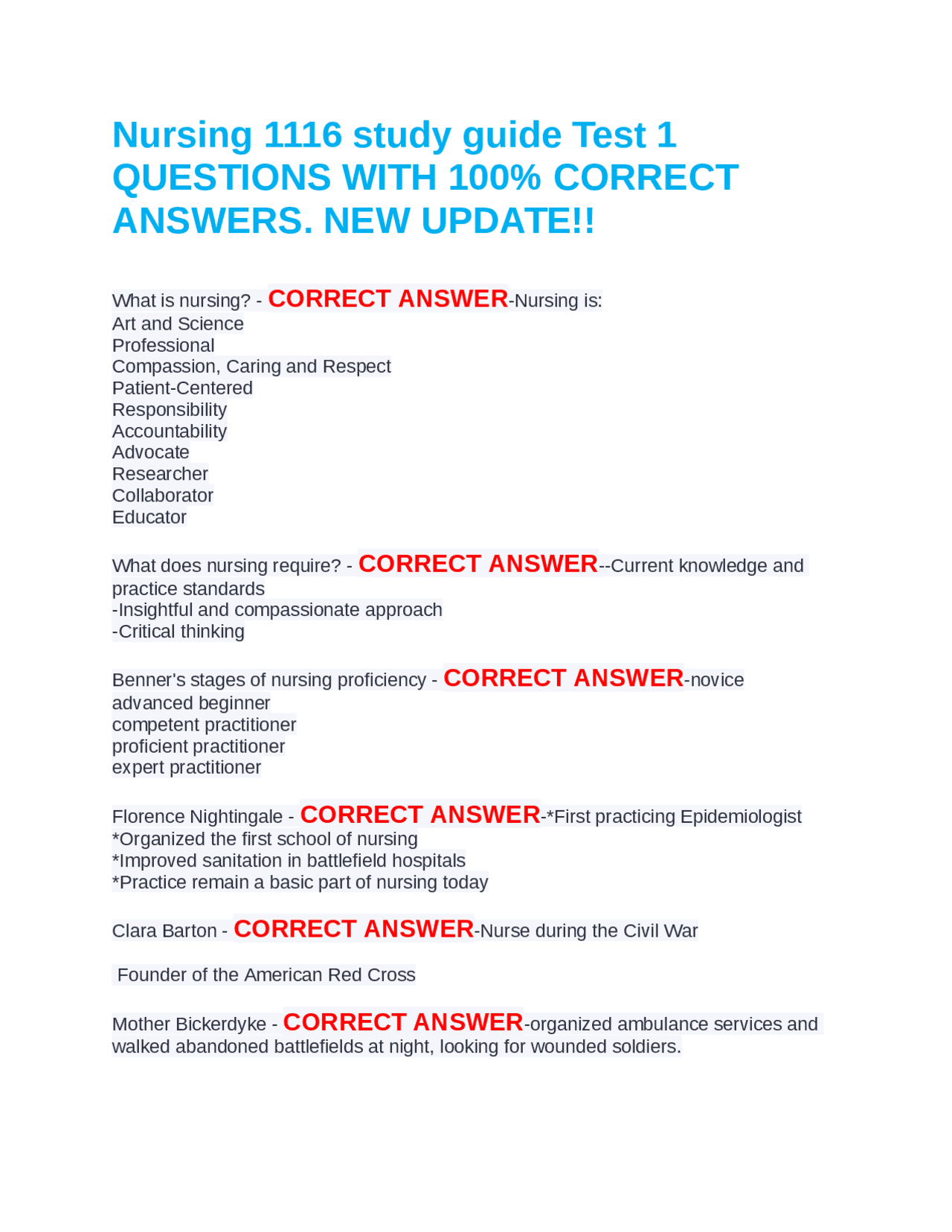 Nursing 1116 Study Guide: Test 1 Review Questions and Answers | Exams ...