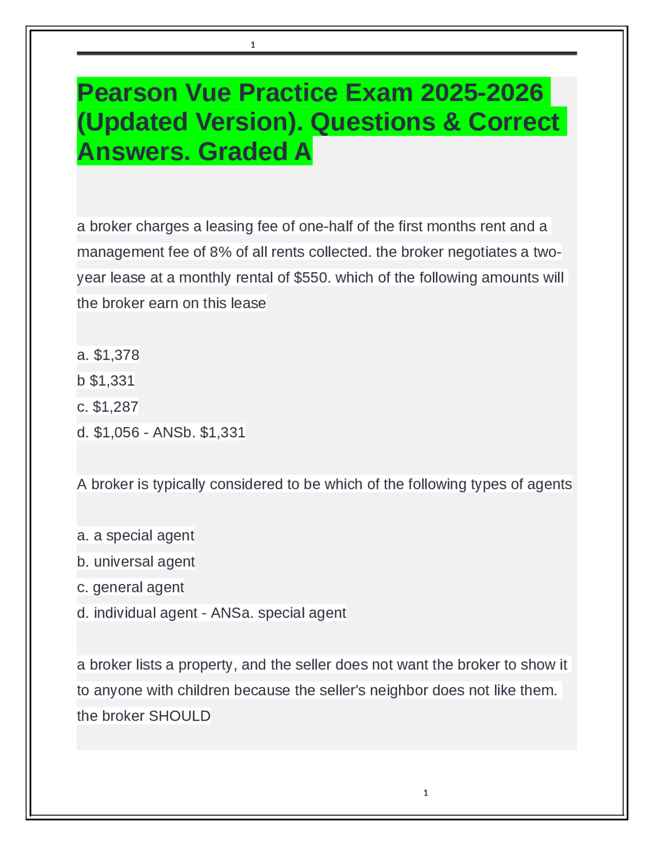 Pearson Vue Practice Exam 2025-2026 (Updated Version). Questions ...