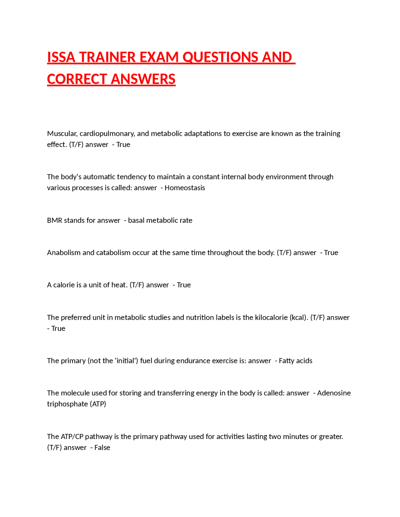 ISSA TRAINER EXAM QUESTIONS AND CORRECT ANSWERS | Exams Nursing | Docsity