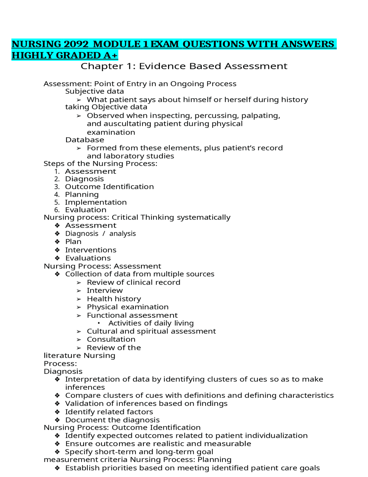 NURSING 2092 MODULE 1 EXAM QUESTIONS WITH ANSWERS HIGHLY GRADED A+ ...