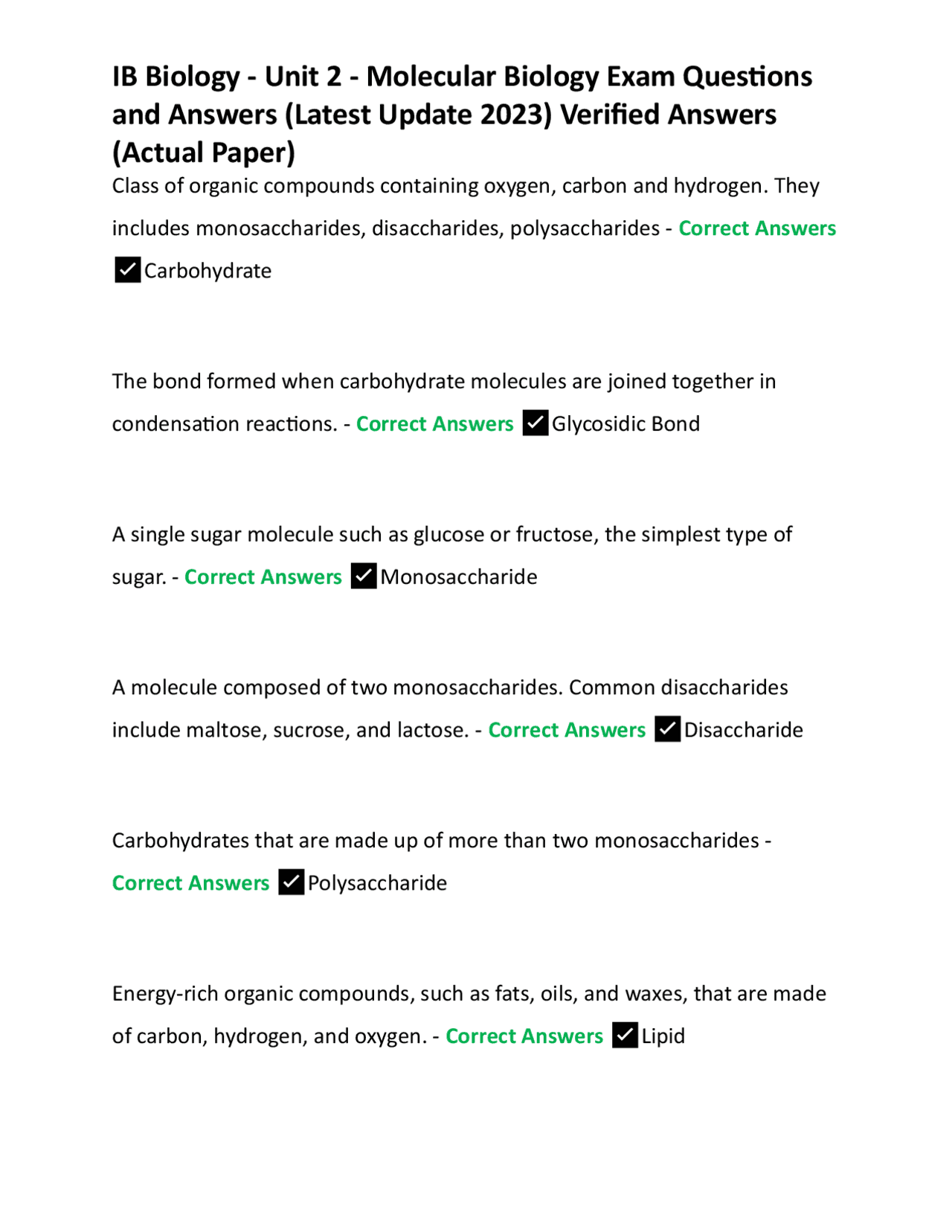 IB Biology - Unit 2 - Molecular Biology Exam Questions and Answers ...