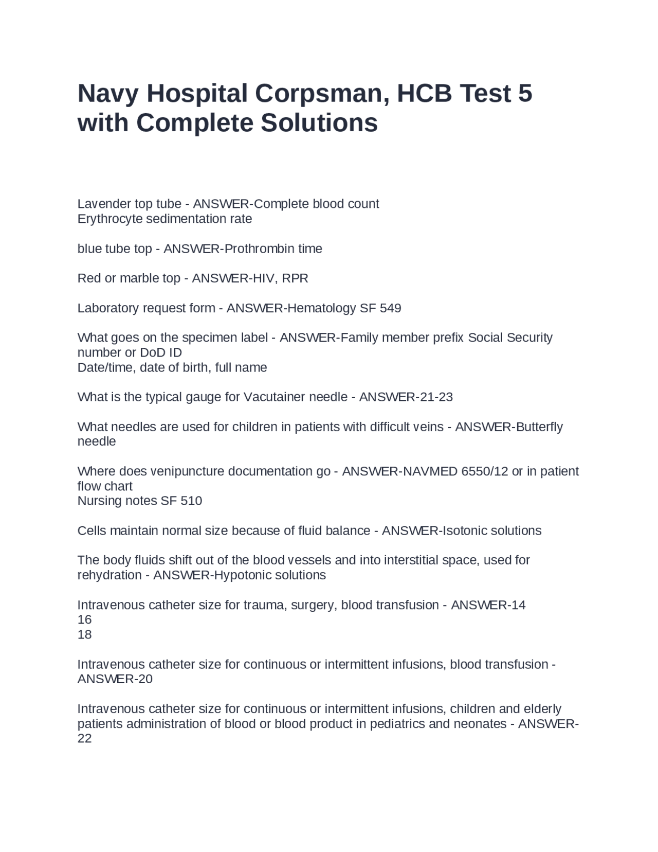 Navy Hospital Corpsman, HCB Test 5 with Complete Solutions | Exams ...