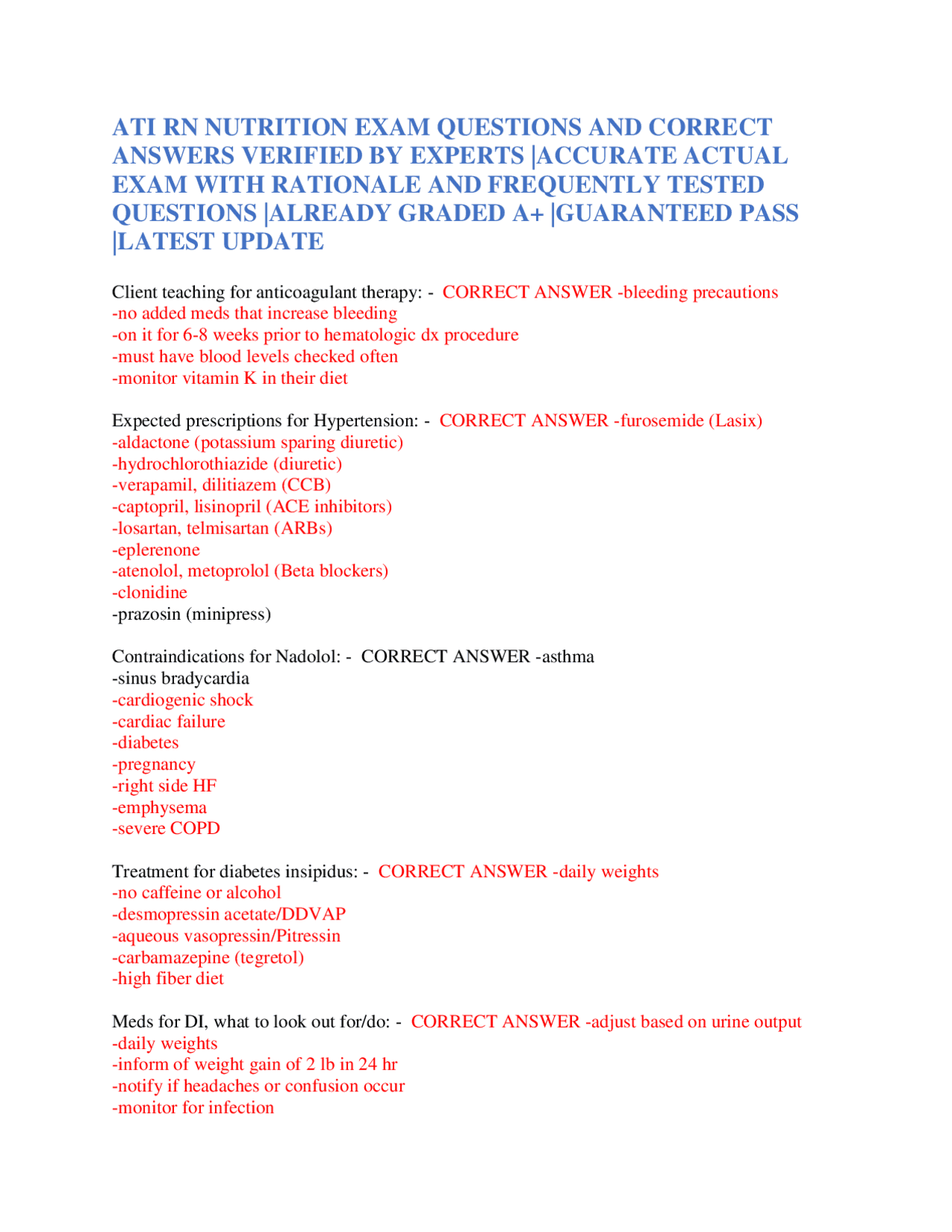 ATI RN NUTRITION EXAM QUESTIONS AND CORRECT ANSWERS VERIFIED BY EXPERTS ...