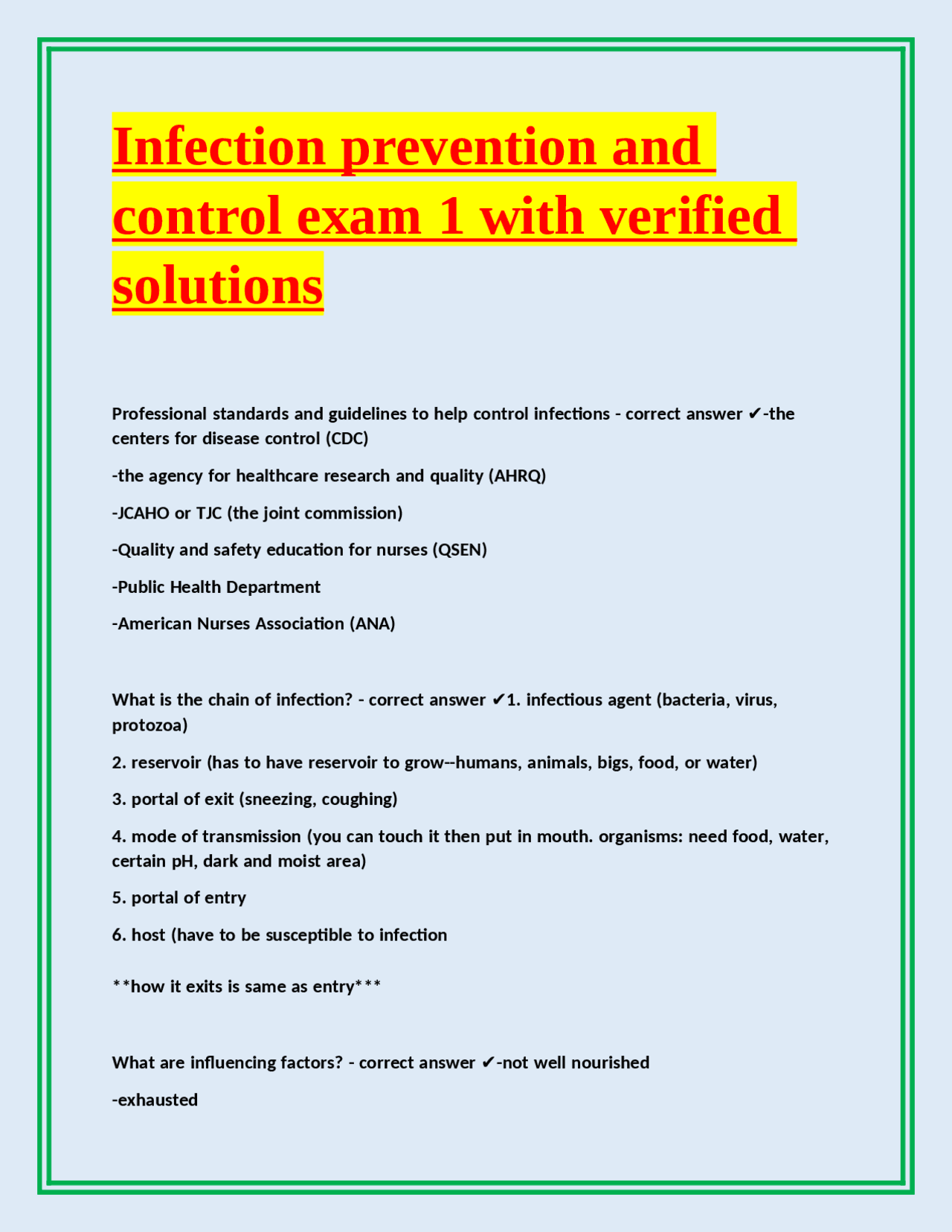 Infection Prevention and Control: Exam Questions and Answers | Exams ...