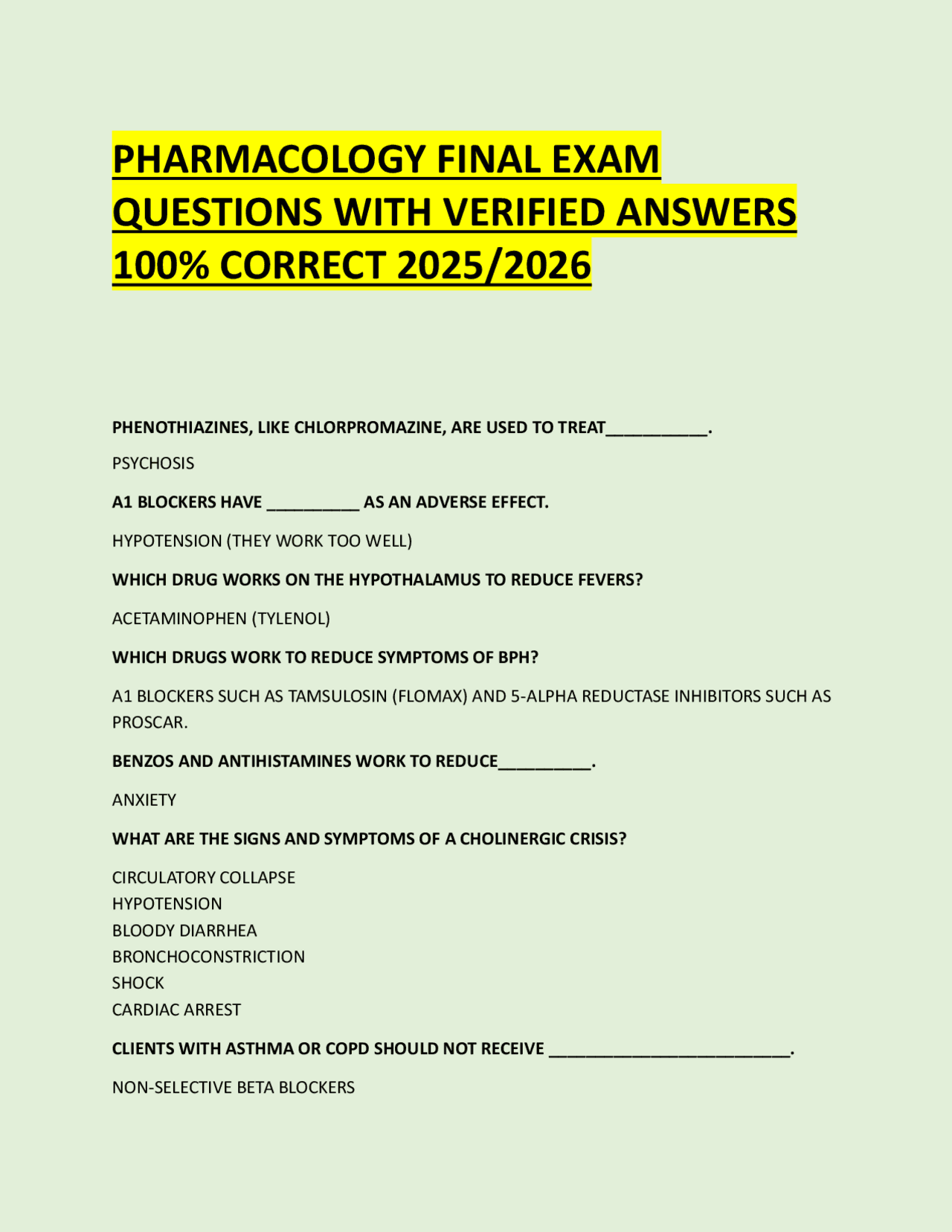 PHARMACOLOGY FINAL EXAM QUESTIONS WITH VERIFIED ANSWERS 100% CORRECT ...