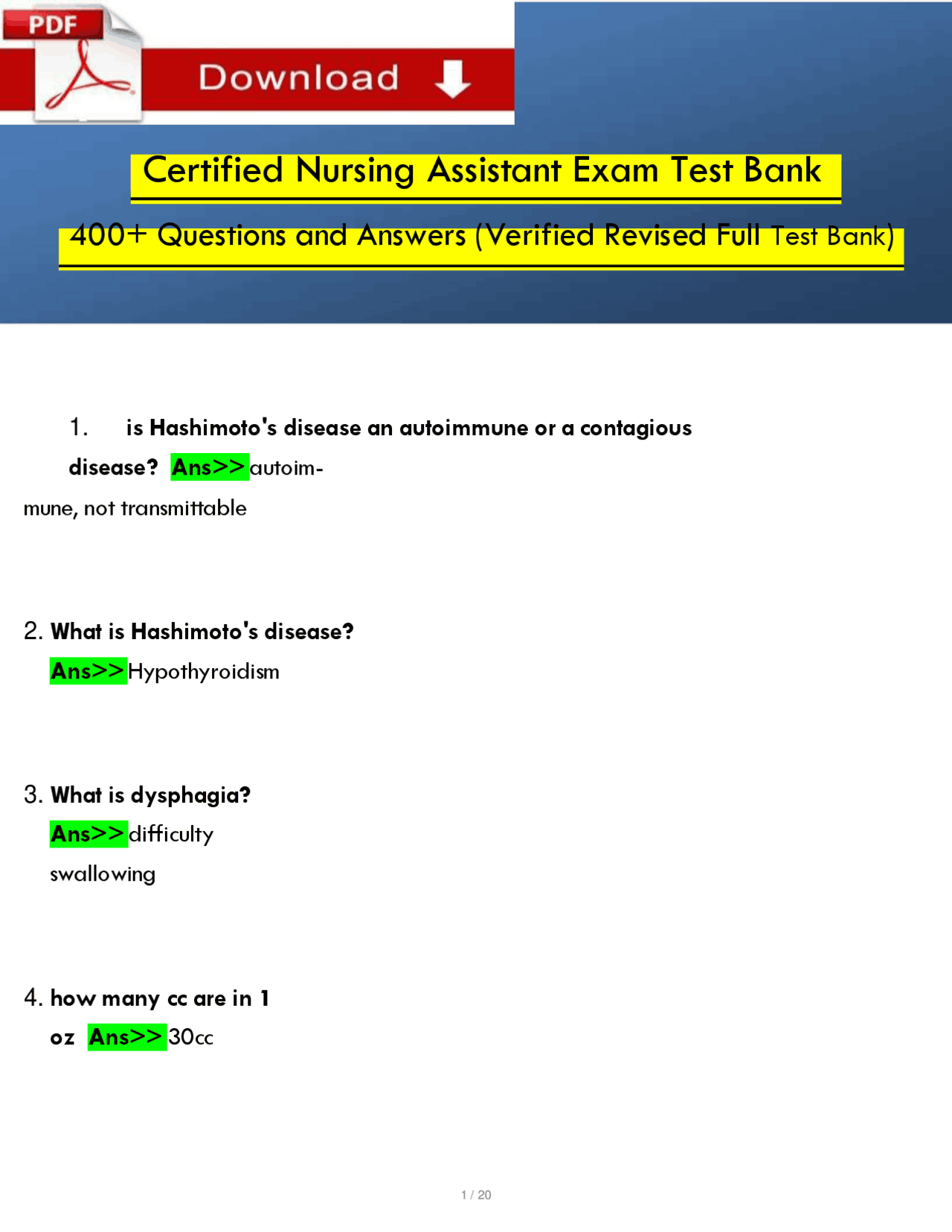 Certified Nursing Assistant Exam Test Bank 400+ Questions and Answers ...
