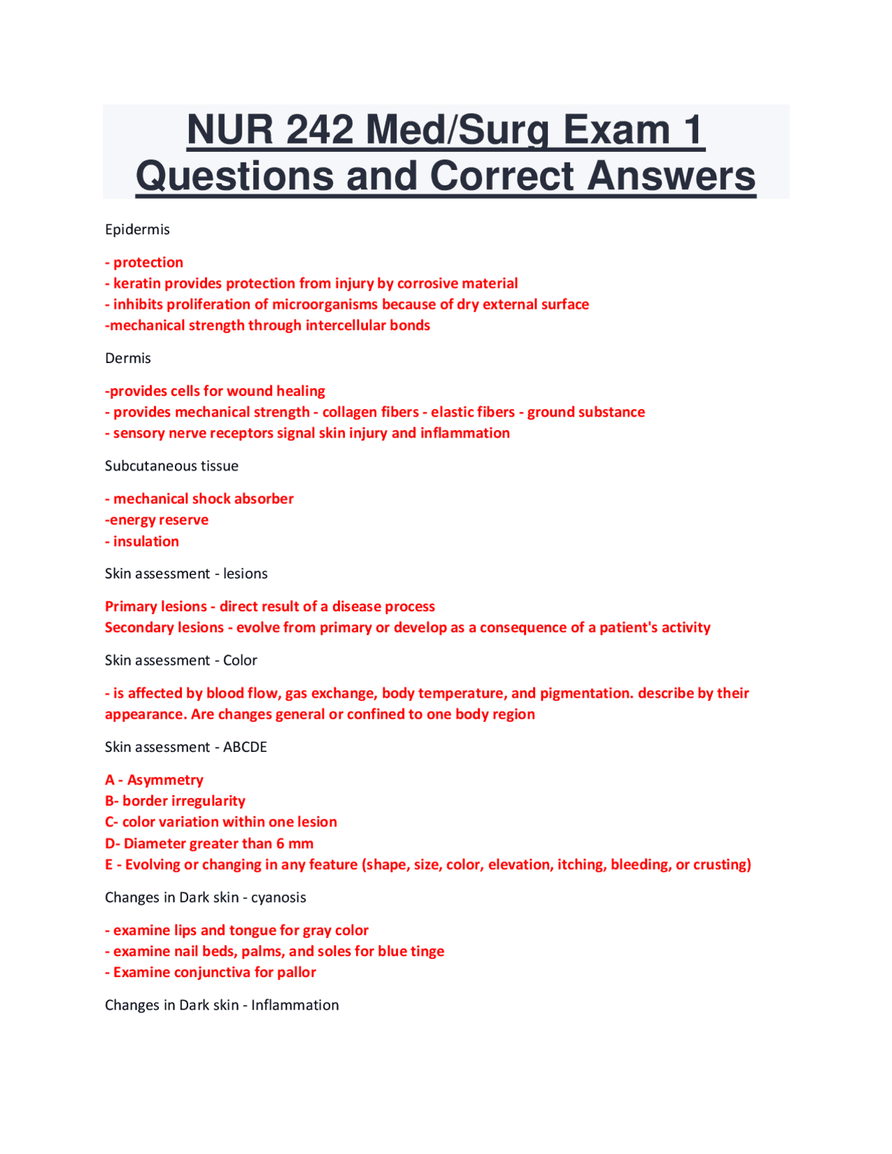NUR 242 Med/Surg Exam 1 Questions and Correct Answers | Exams Nursing ...