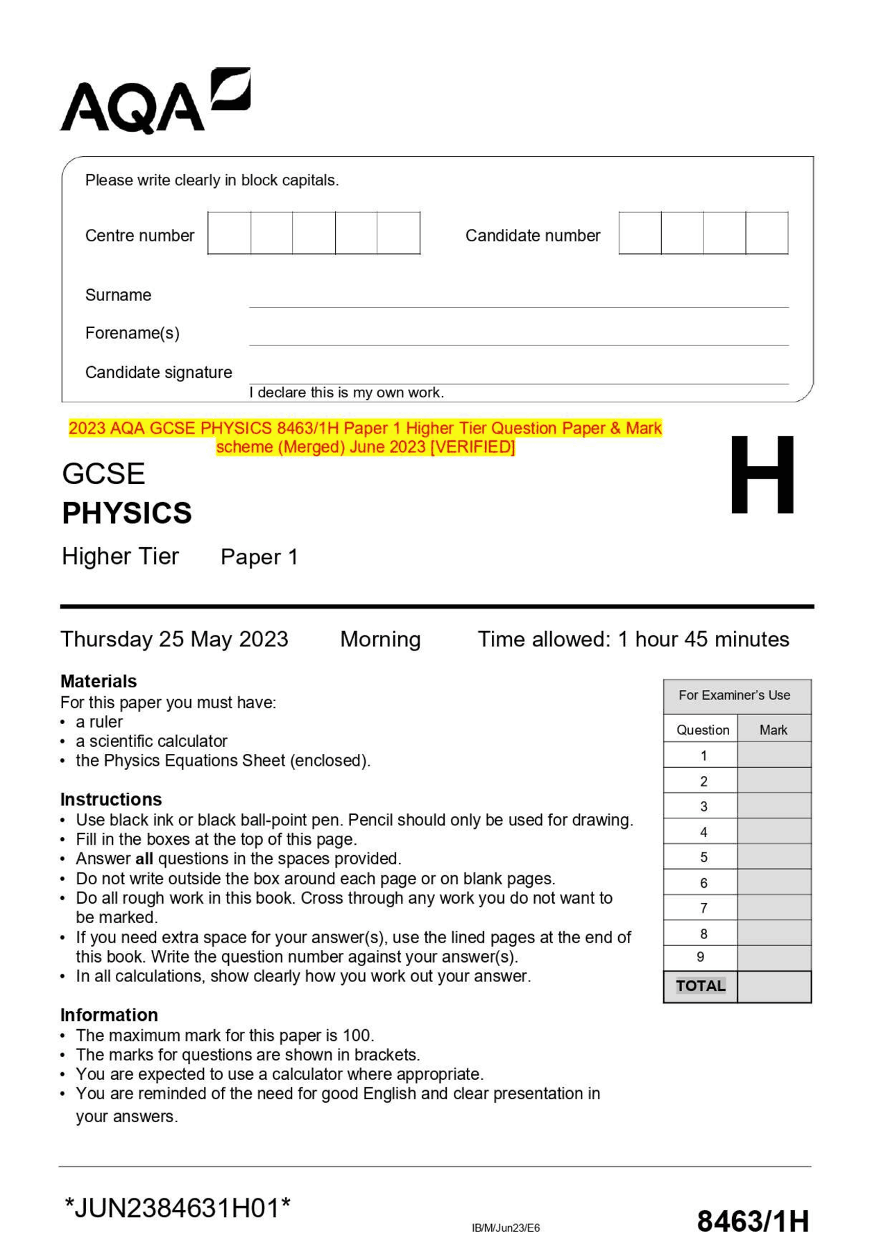 2023 AQA GCSE PHYSICS 8463/1H Paper 1 Higher Tier Question Paper & Mark ...