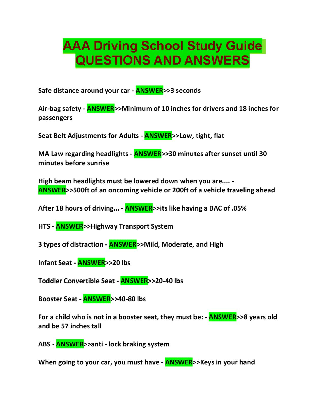 AAA Driving School Study Guide: Questions and Answers for Driving Test ...