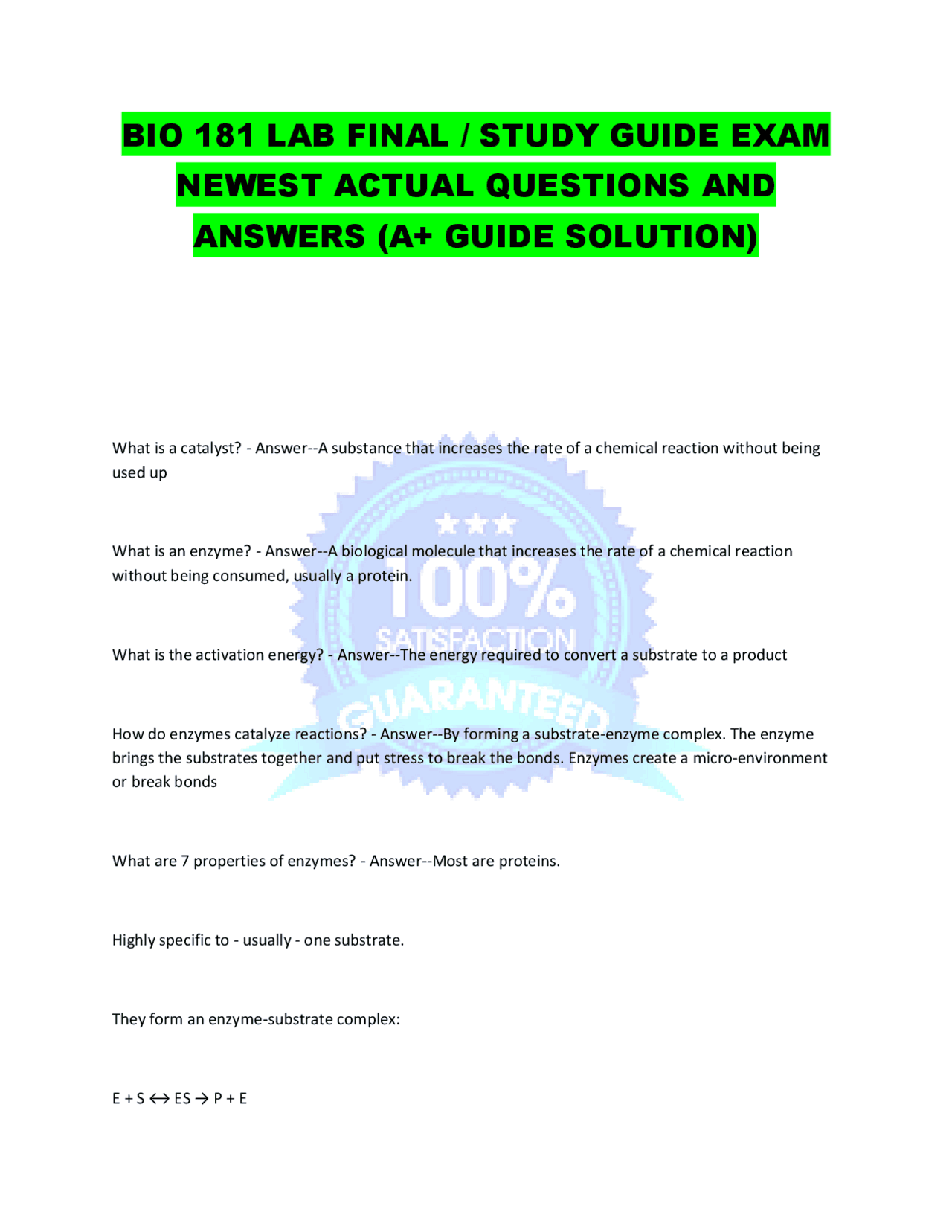 BIO 181 LAB FINAL / STUDY GUIDE EXAM NEWEST ACTUAL QUESTIONS AND ...